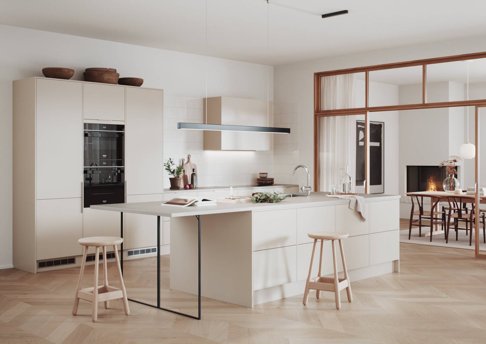 Hyperpraktisk beige kjøkken som fåes i 8 nøye utvalgte farger med renholdsvennlige fronter i malt slett MDF, matchende hette, laminat benkeplate, kjøkkenøya med bardisk og metallben i en ende.