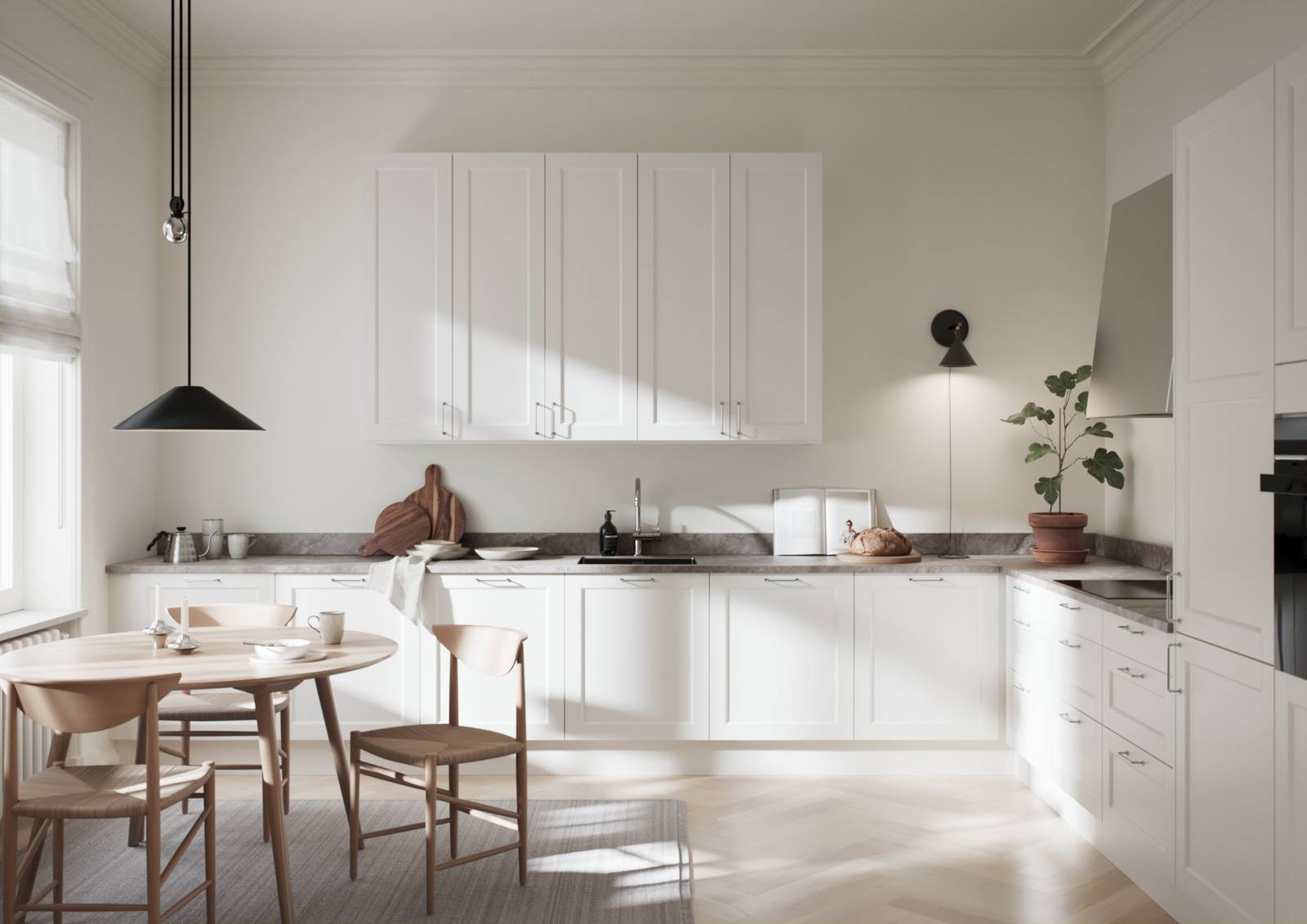 Tidløs lingrønn kjøkken som har en 5-delt speilfront med profilert innerkant og slett speil, stål håndtak og kran, grå marmor benkeplate med spisebord og stoler i lys tre.