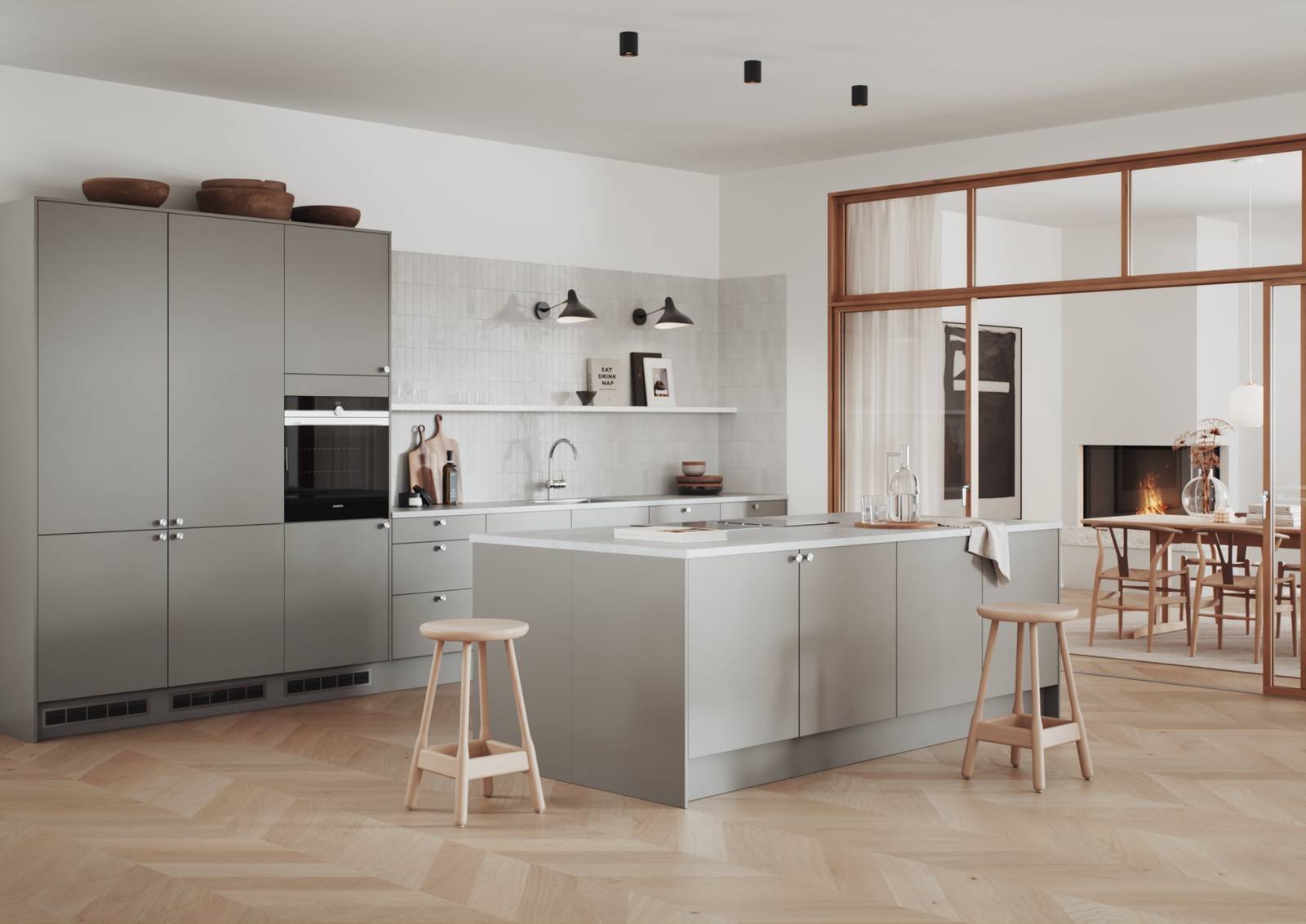 Hyperkäytännöllinen harmaa keittiö, jossa on helposti puhdistettavat etupinnat maalattua tavallista MDF-levyä.