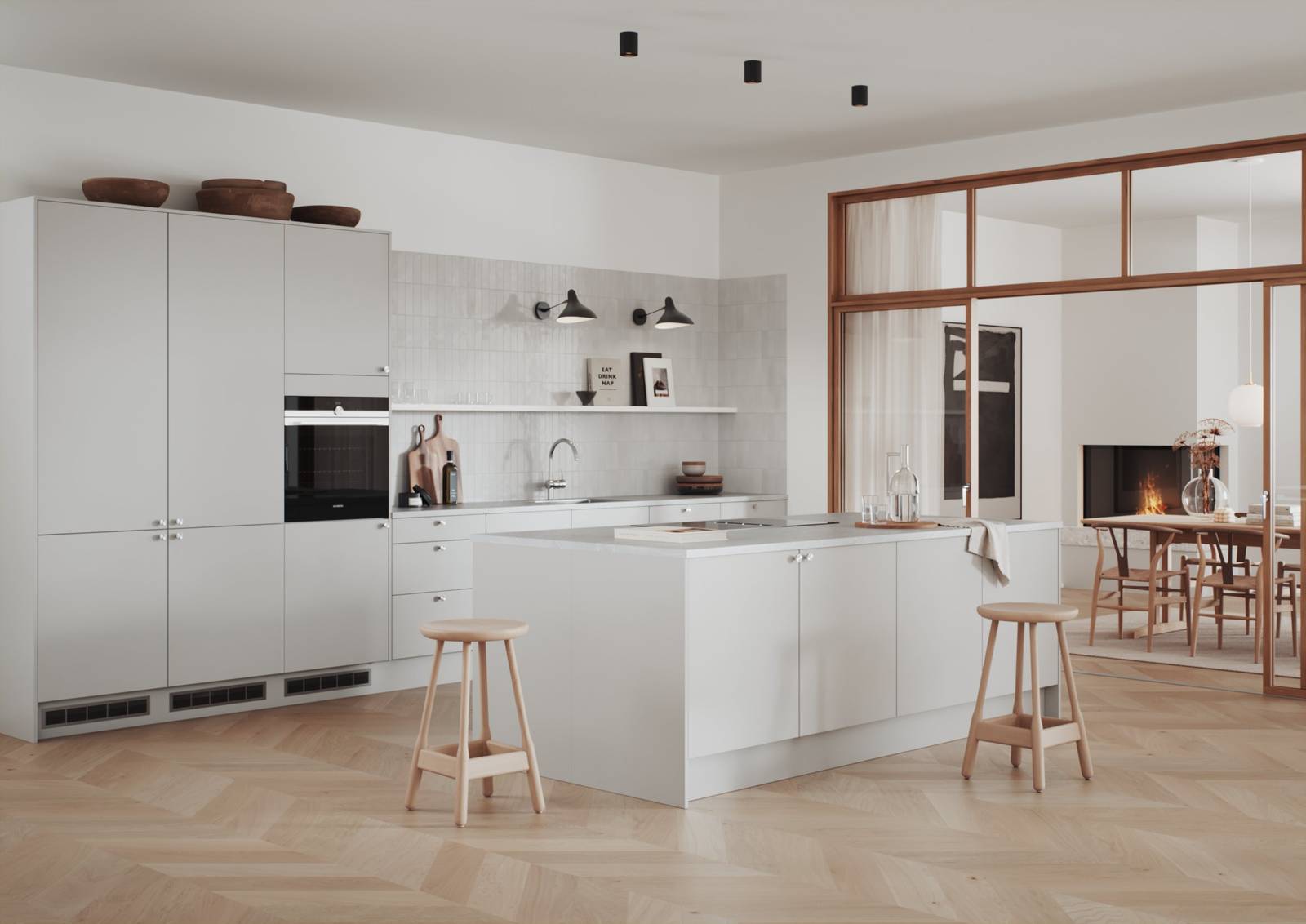 Hyperpraktisk lys grå kjøkken med renholdsvennlige fronter i malt slett MDF.