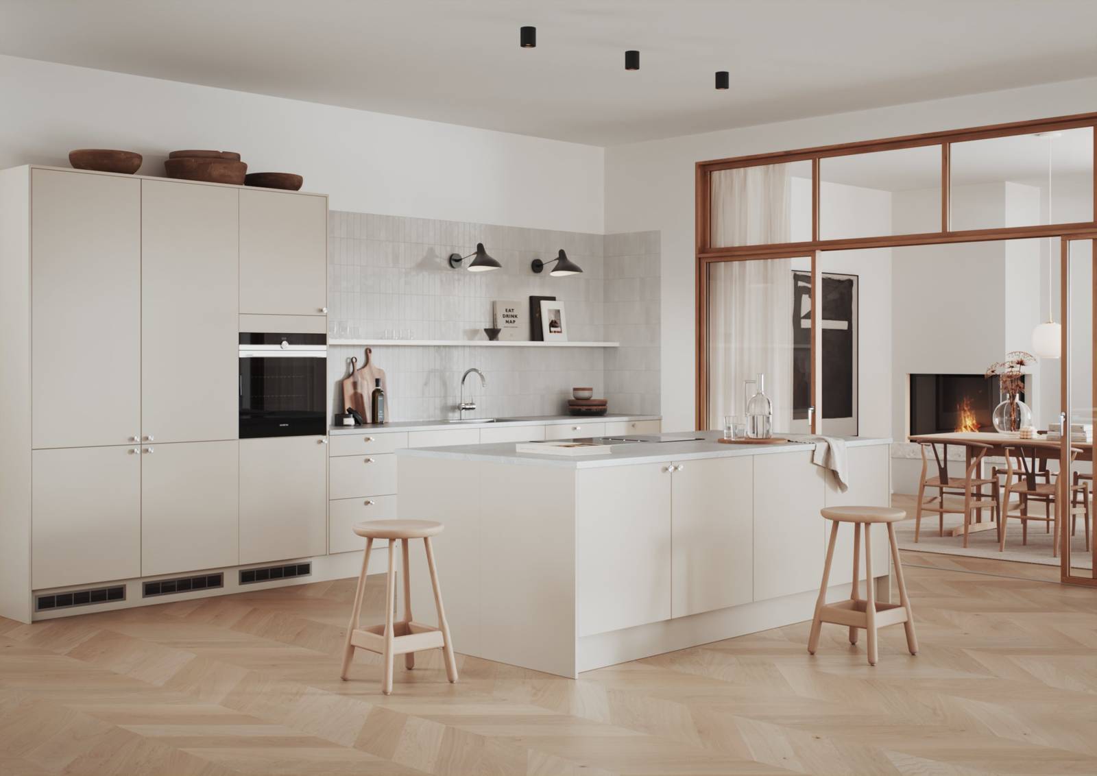 Hyperkäytännöllinen beige keittiö, jossa on helposti puhdistettavat etupinnat maalattua tavallista MDF-levyä.