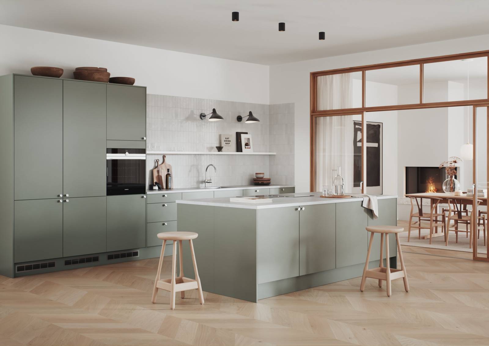 Hyperkäytännöllinen vihreä keittiö, jossa on helposti puhdistettavat etupinnat maalattua tavallista MDF-levyä.