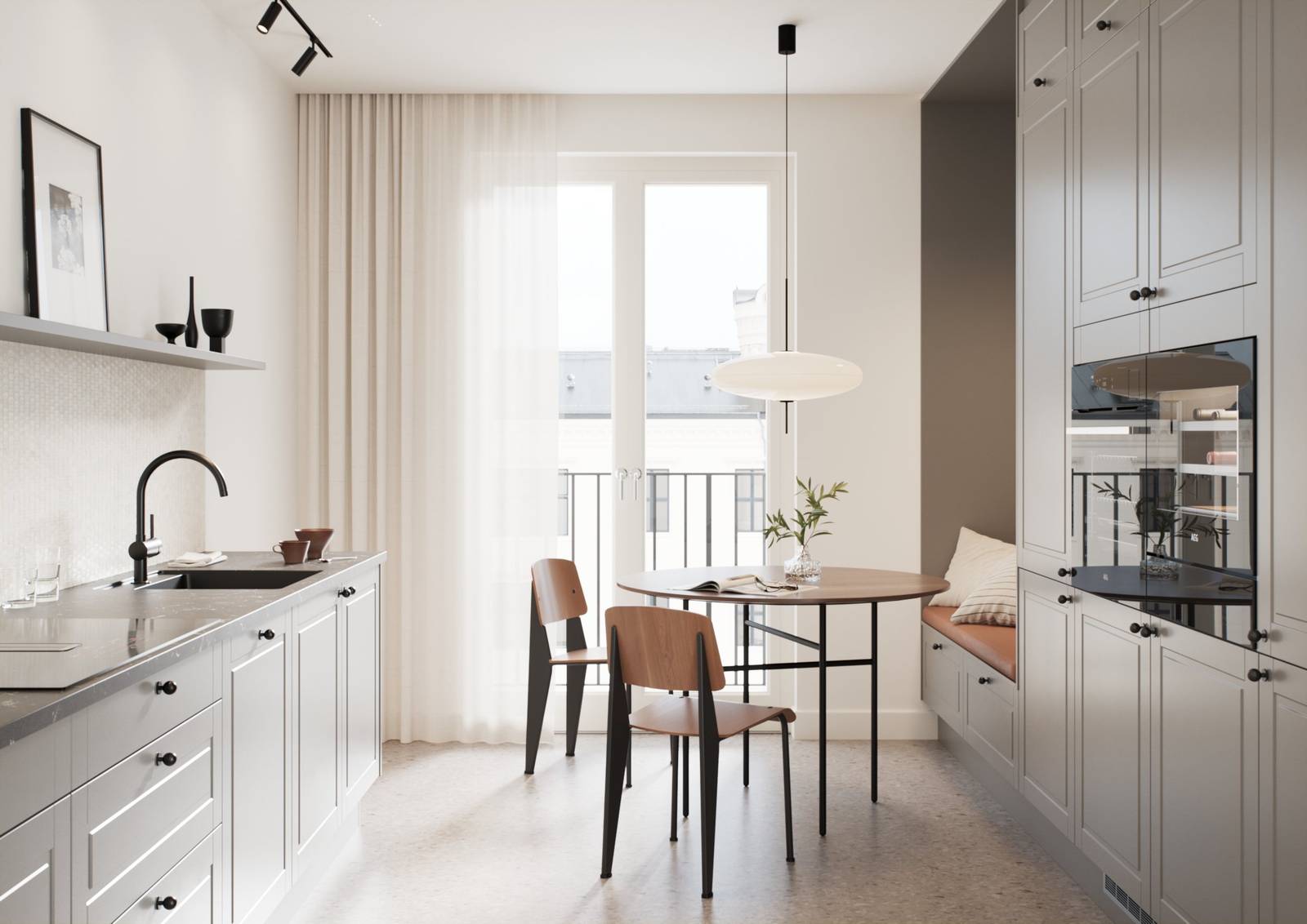 Mellomgrå tidløs og modern kjøkken med freste speildører som ger kjøkkenet klassiske detaljer uten å bli rustikt, sorte knotter, sort kran og sort vask.