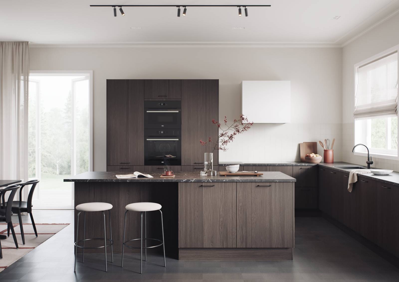 Moderni keittiömalli, jossa sileät ja kestävät melamiinipinnoitetut etupinnat pystysuorassa puurakenteessa, ruskea tammi ja marmoritaso