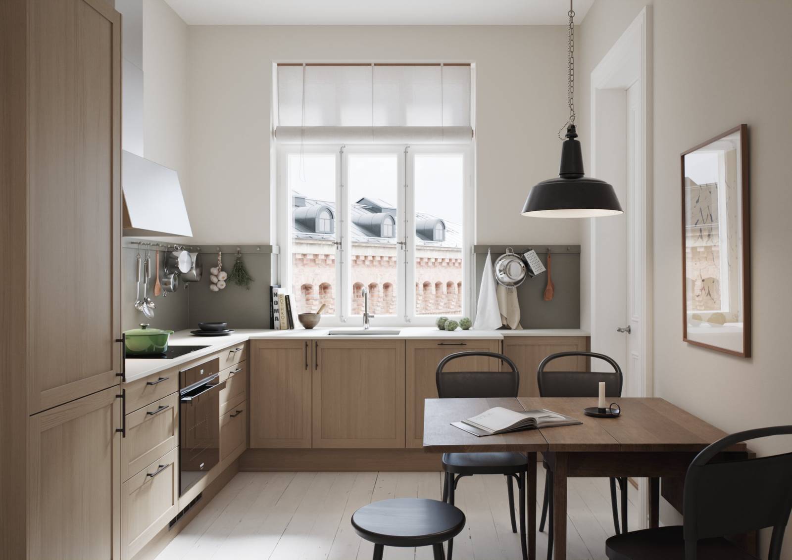 Nærbild på modern og lekker kjøkkenmodell i mdf med smal ramme og vakker eikestruktur,med Corian Glacier white benkeplate, håndtak i sort støpejern og kran i rustfritt stål.