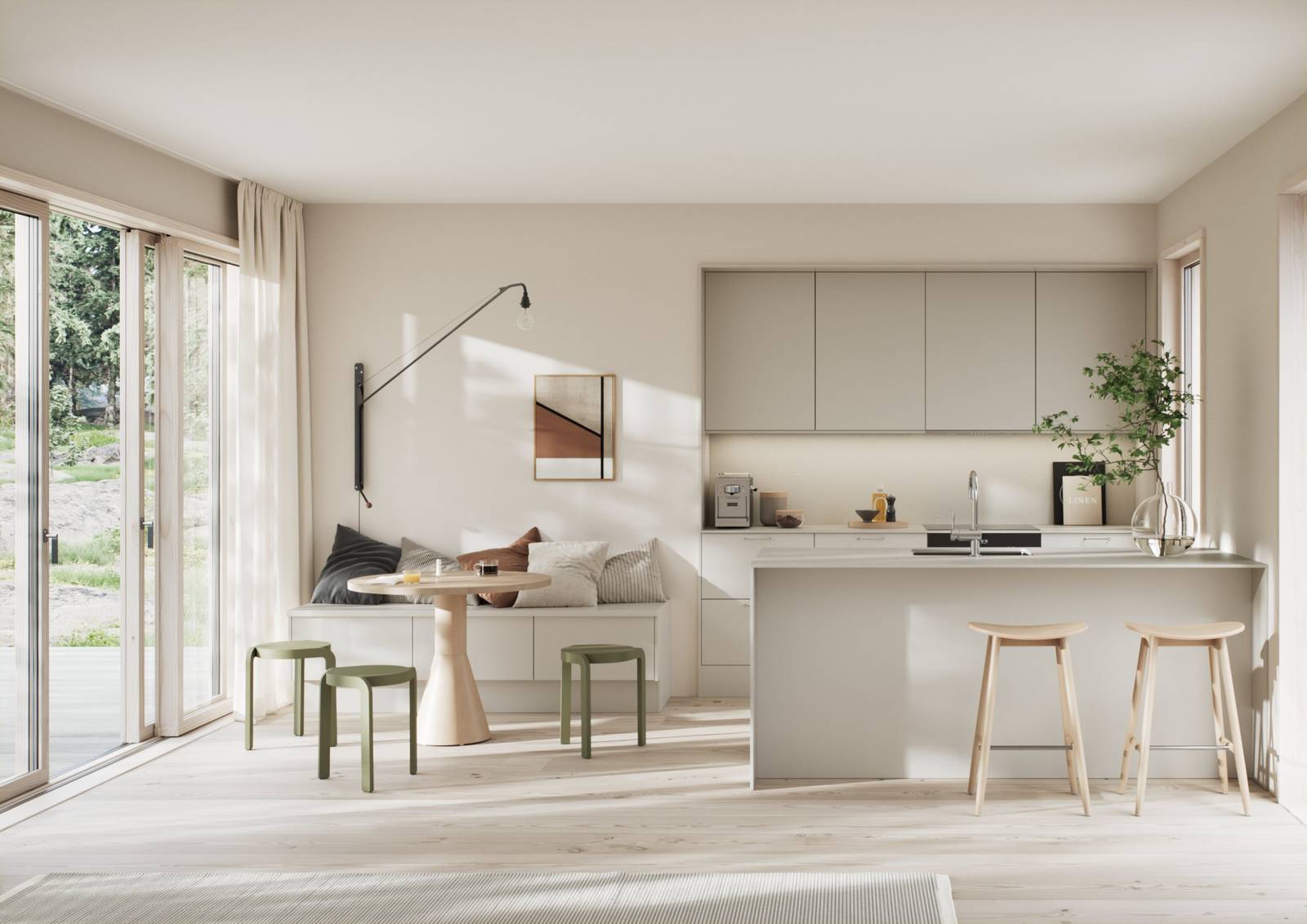 Moderne kjøkken i beige høytrykkslaminat med betong laminatbenkeplate, stål håndtak, bardisk i kjøkkenøya med tre stoler og sittbenk i matchende skap med spisebord i lys tre