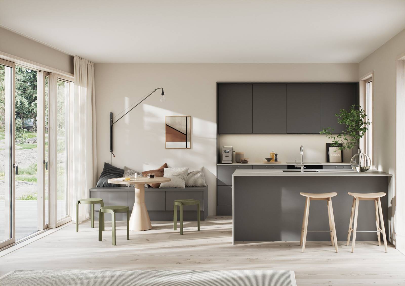 Moderne kjøkken i mørk grå høytrykkslaminat med betong laminatbenkeplate, stål håndtak, bardisk i kjøkkenøya med tre stoler og sittbenk i matchende skap med spisebord i lys tre