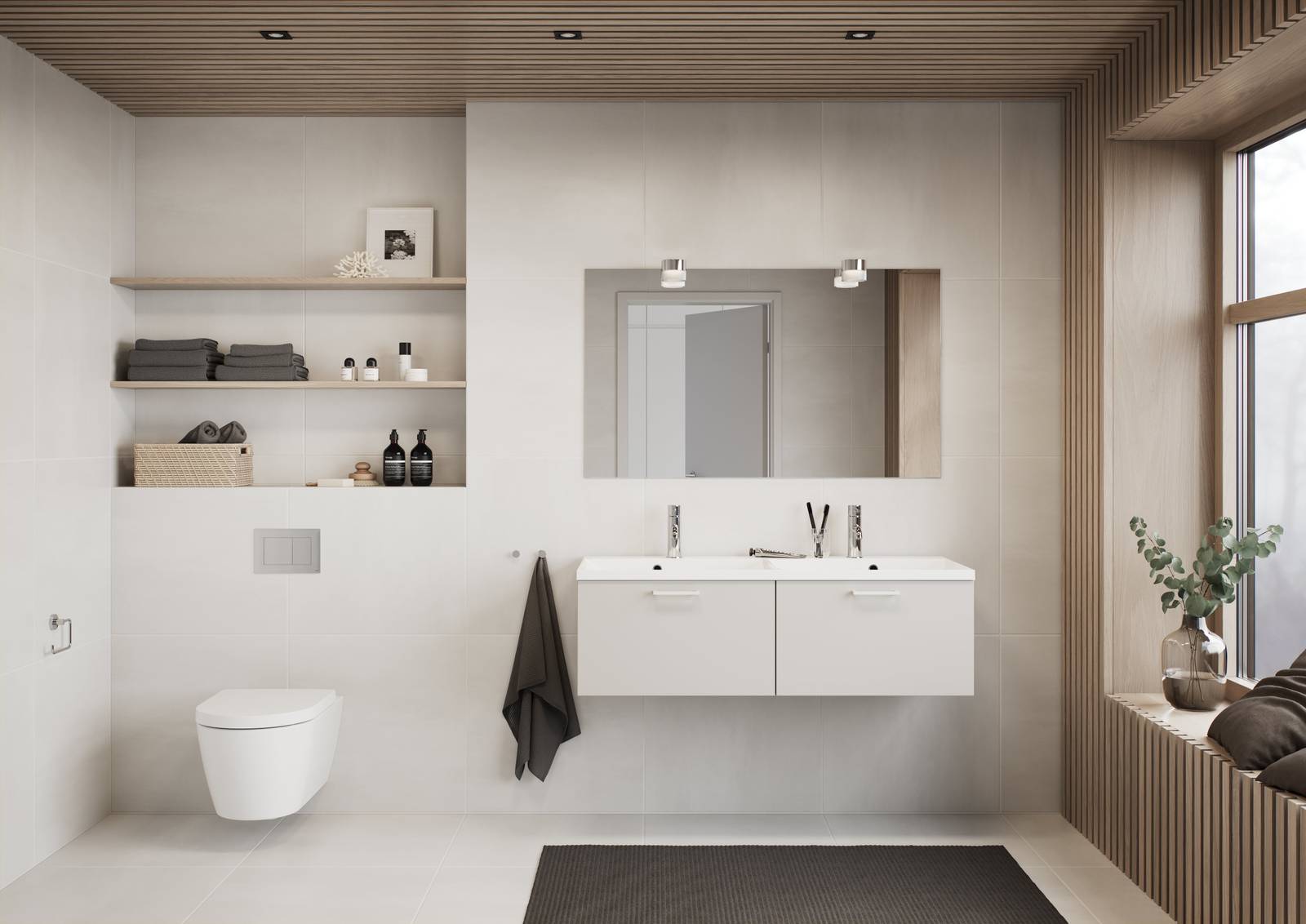 Lyst bad med trepaneler, lyse skap med hvite håndtak og rustfri armatur.