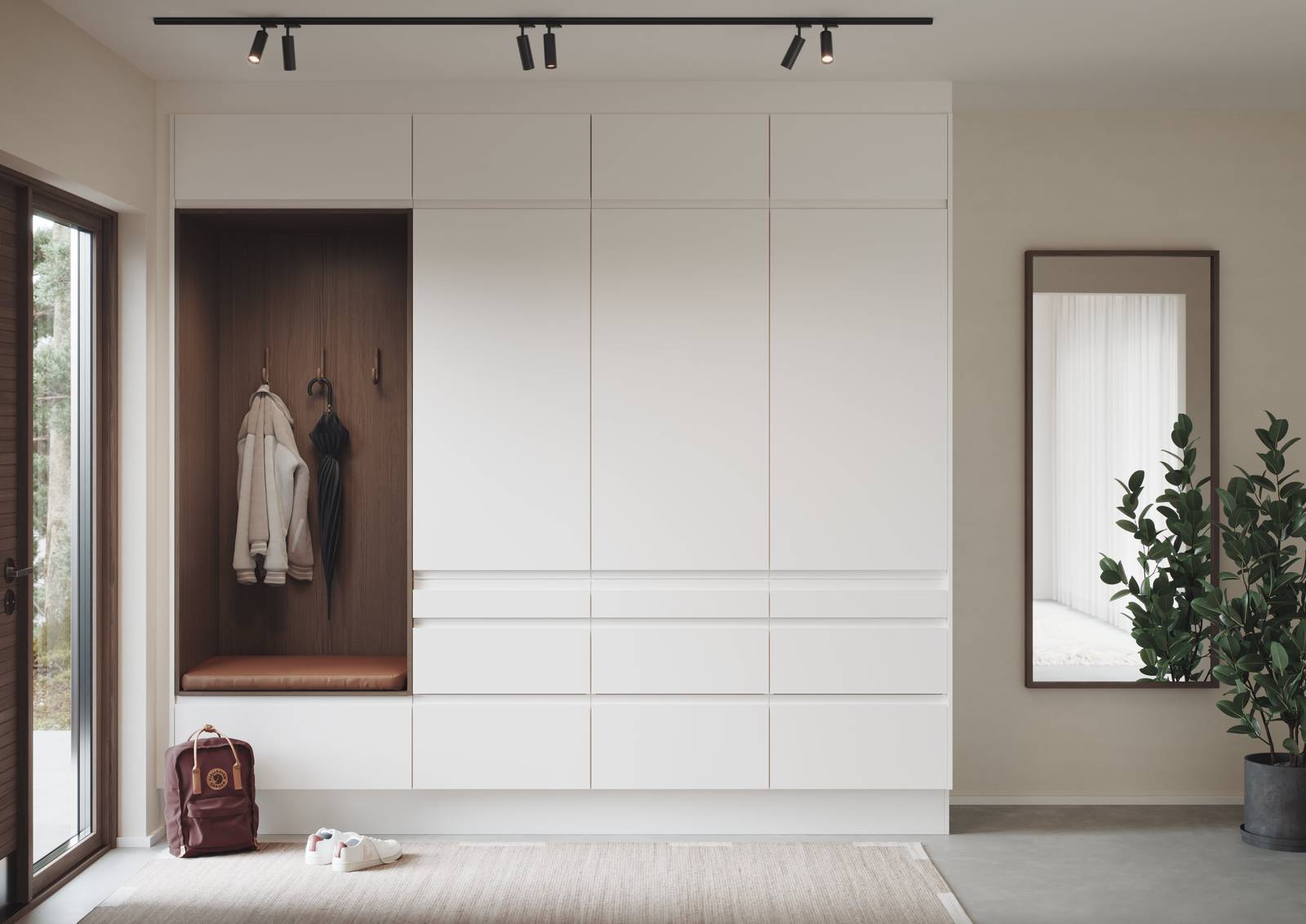 Magnora Garderobe er tidløs eleganse kombinert med orden, de innfreste grepene i frontene gir et grafisk, funksjonelt og minimalistisk uttrykk