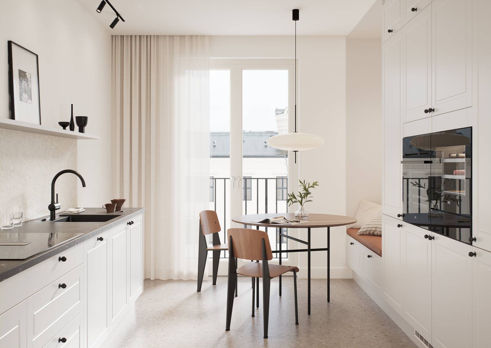 Vitt tidlöst och modernt kök med frästa spegelluckor som ger köket klassiska detaljer utan att bli rustika, svarta knoppar, svart kran och svart diskho.