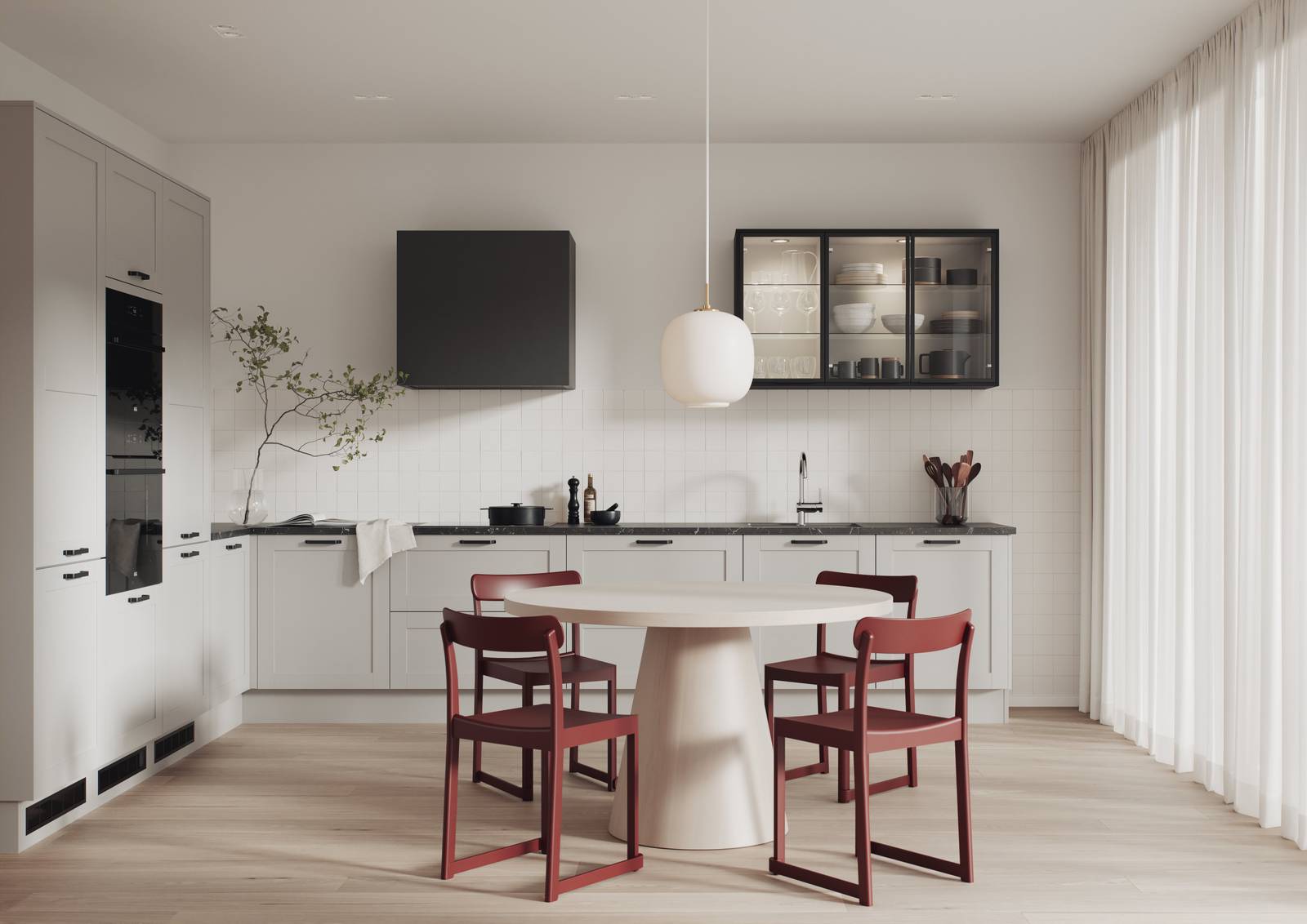 Vaaleanharmaa shaker-tyylinen keittiö, edessä runkopuu ja pelkkä täyte, joka sopii sekä perinteiseen että moderniin tyyliin, mustilla tarvikkeilla ja vitriineillä