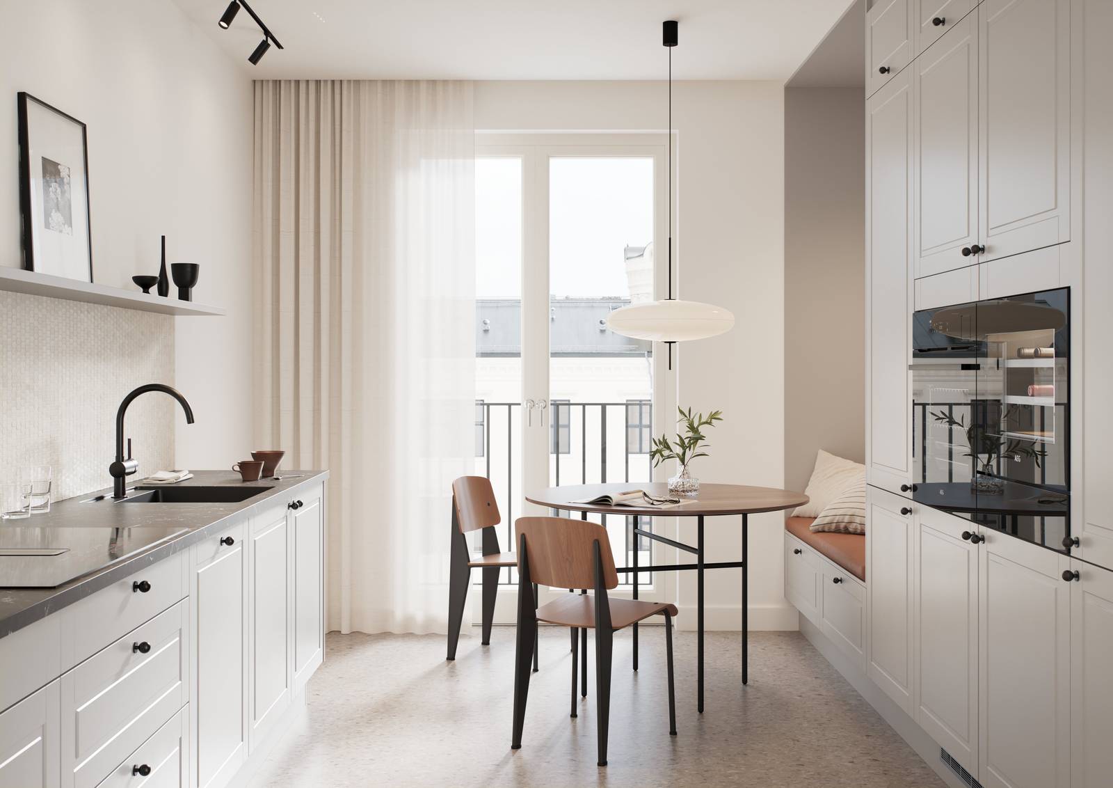 Et lysegråt tidløst og moderne kjøkken med utfreste speildører som gir kjøkkenet klassiske detaljer uten å gjøre det rustikke, sorte knotter, sort armatur og sort vask.