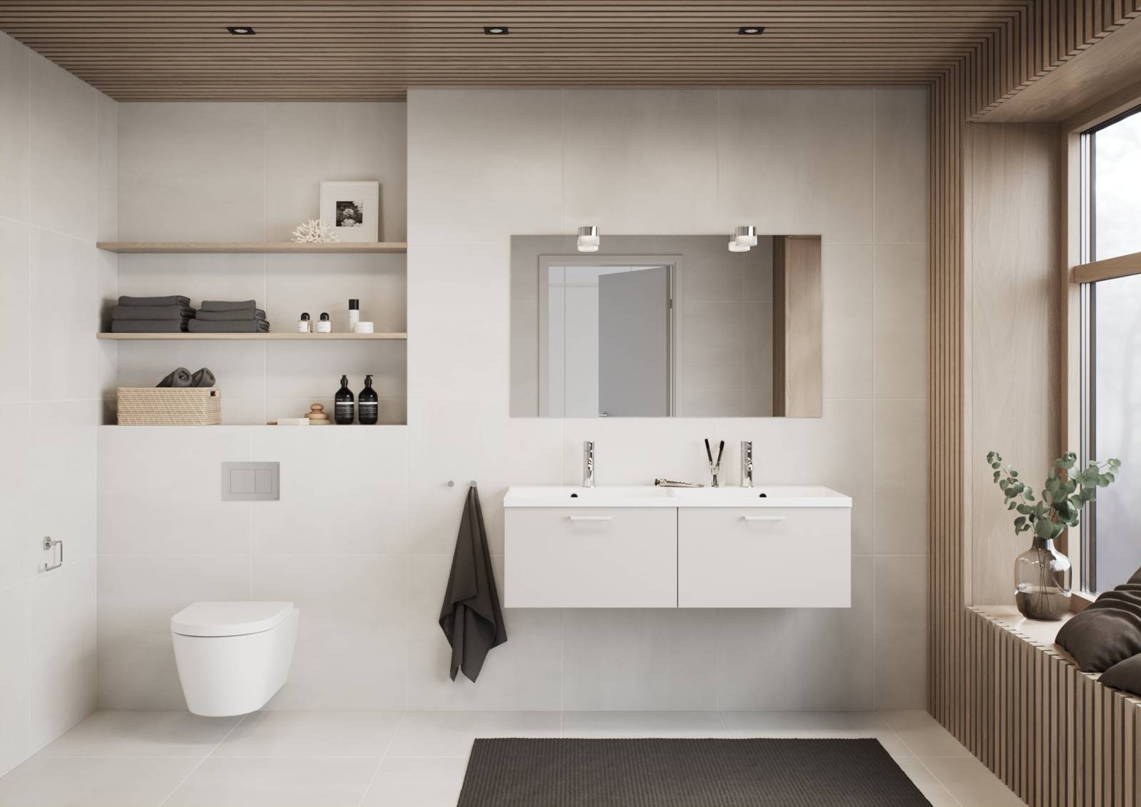 Lyst bad med trepaneler, lyse skap med hvite håndtak og rustfri armatur.