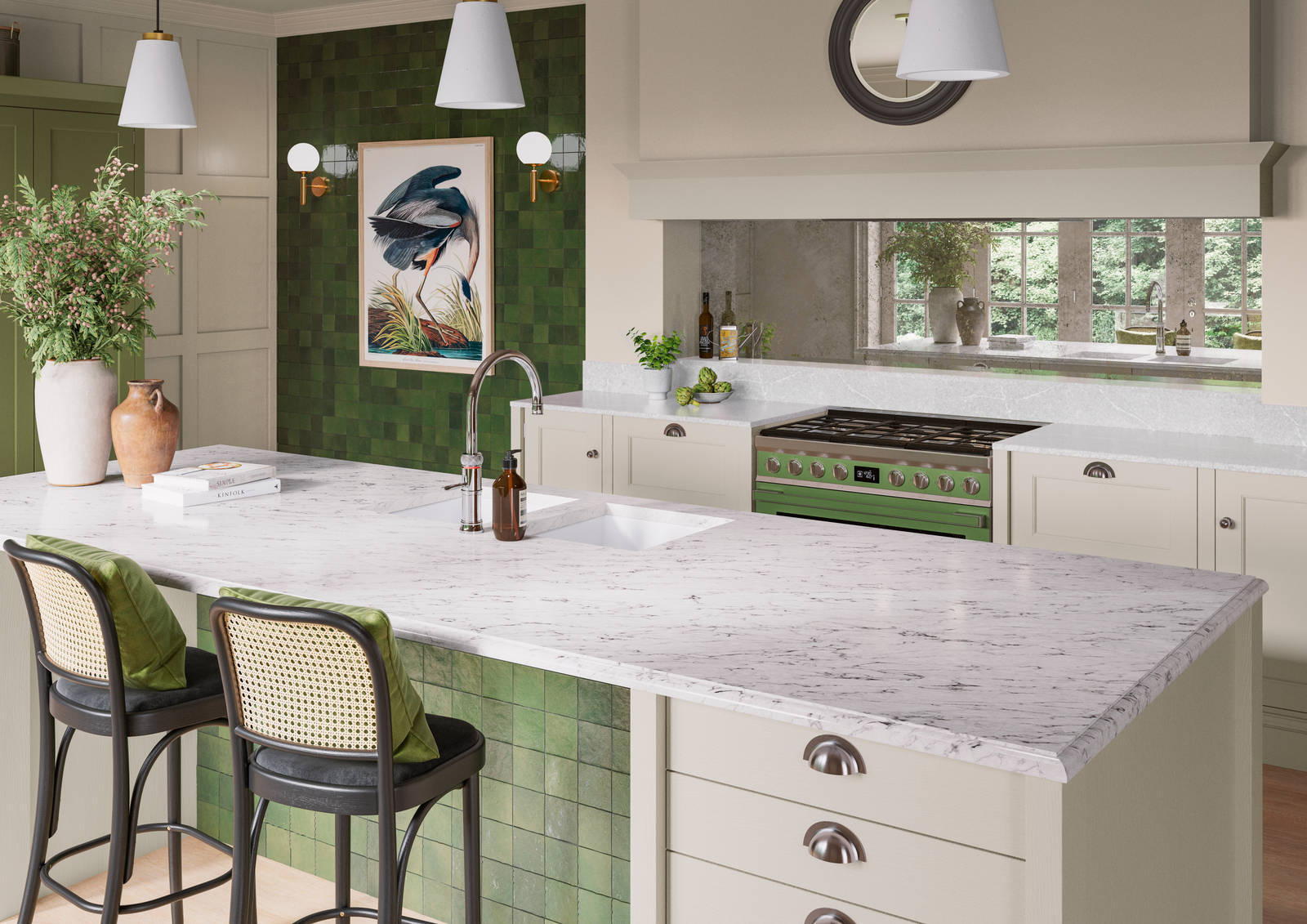 traditional Shaker-style kitchen range featuring panelled doors with visible woodgrain and beading detail