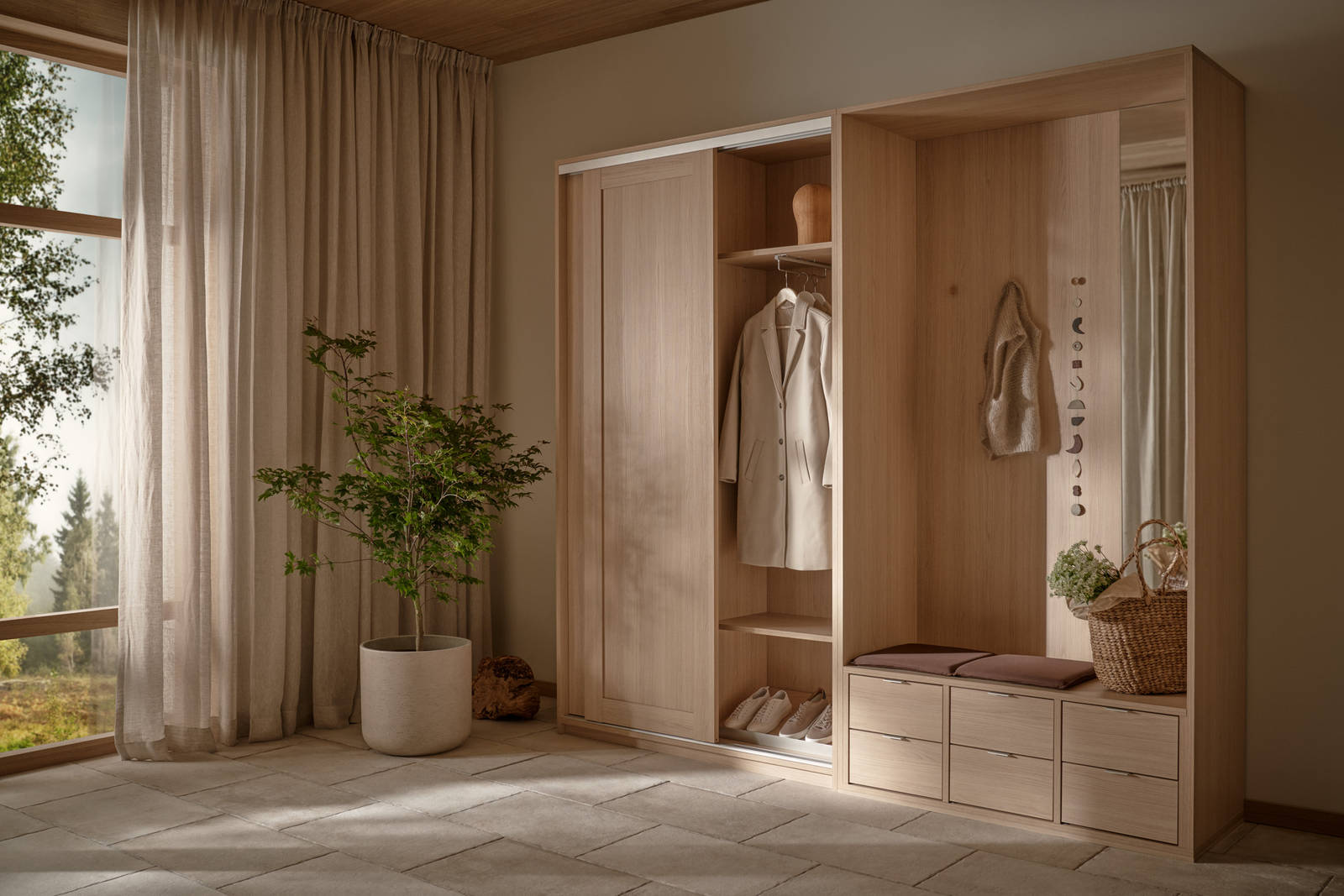 Lyst træ garderobeskab med bænk, spejl og skydedøre