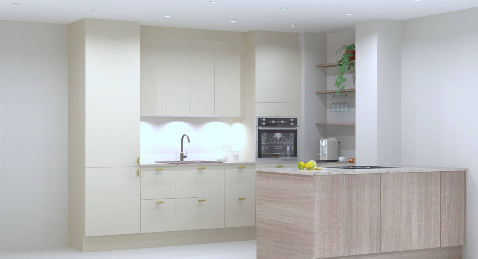 Stine Skolis kjøkken i eikemodellen Favn i beisfargen Nøtt, og Line i fargen Korn fra Sigdal