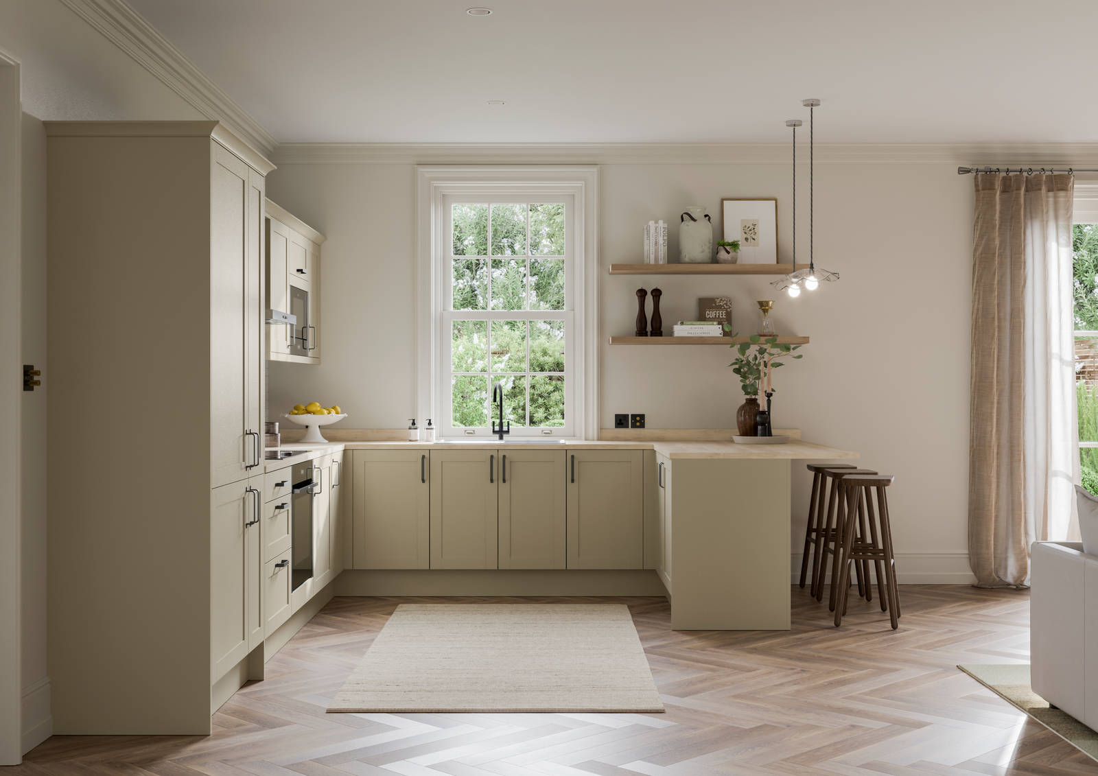 Tatton Sage kitchen from Magnet, a contemporary narrow frame shaker door.