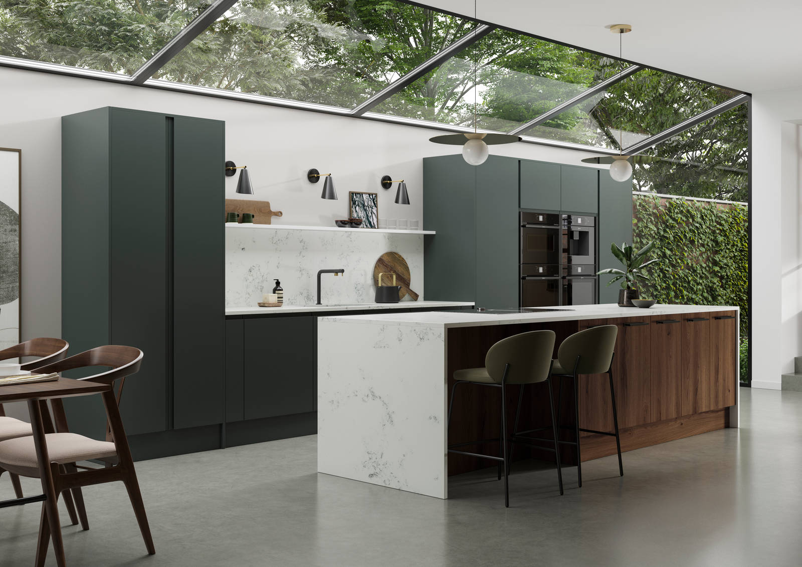 An open plan Magnet kitchen, showcasing our modern Duxbury range in Arboretum.