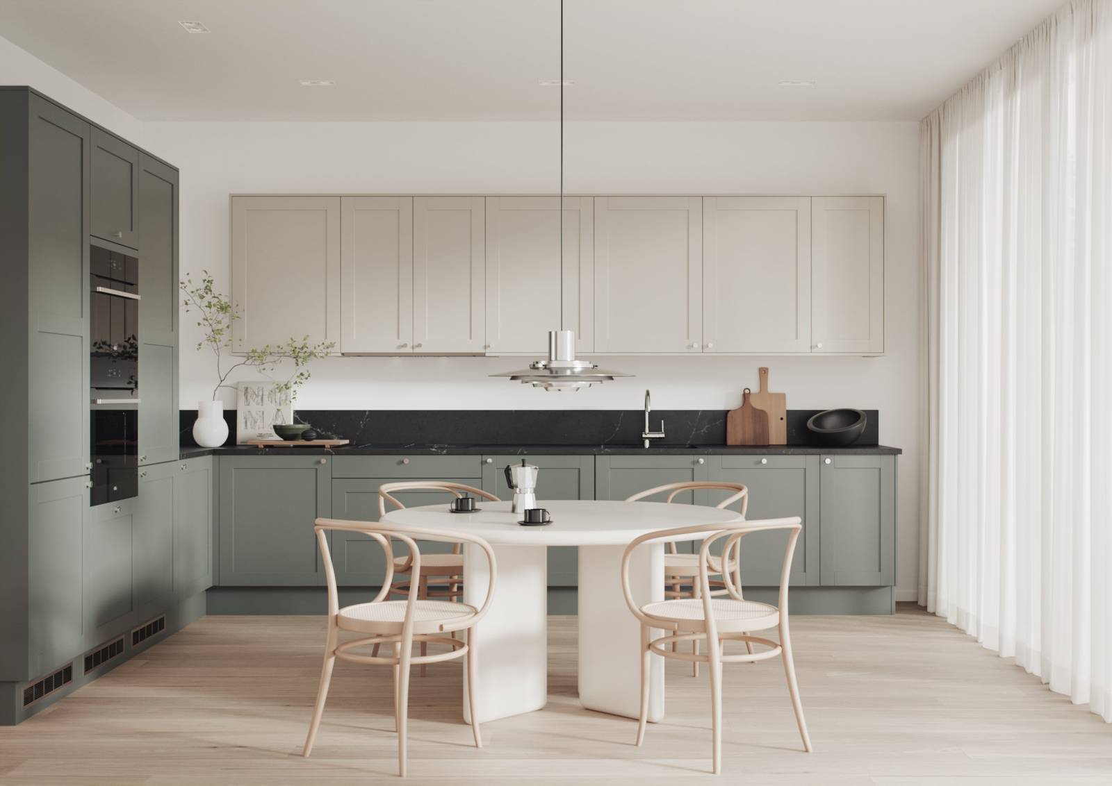 Grønn kjøkken i shakerstil, front med ramtre og slett fylling som passar både tradisjonell og moderne stil