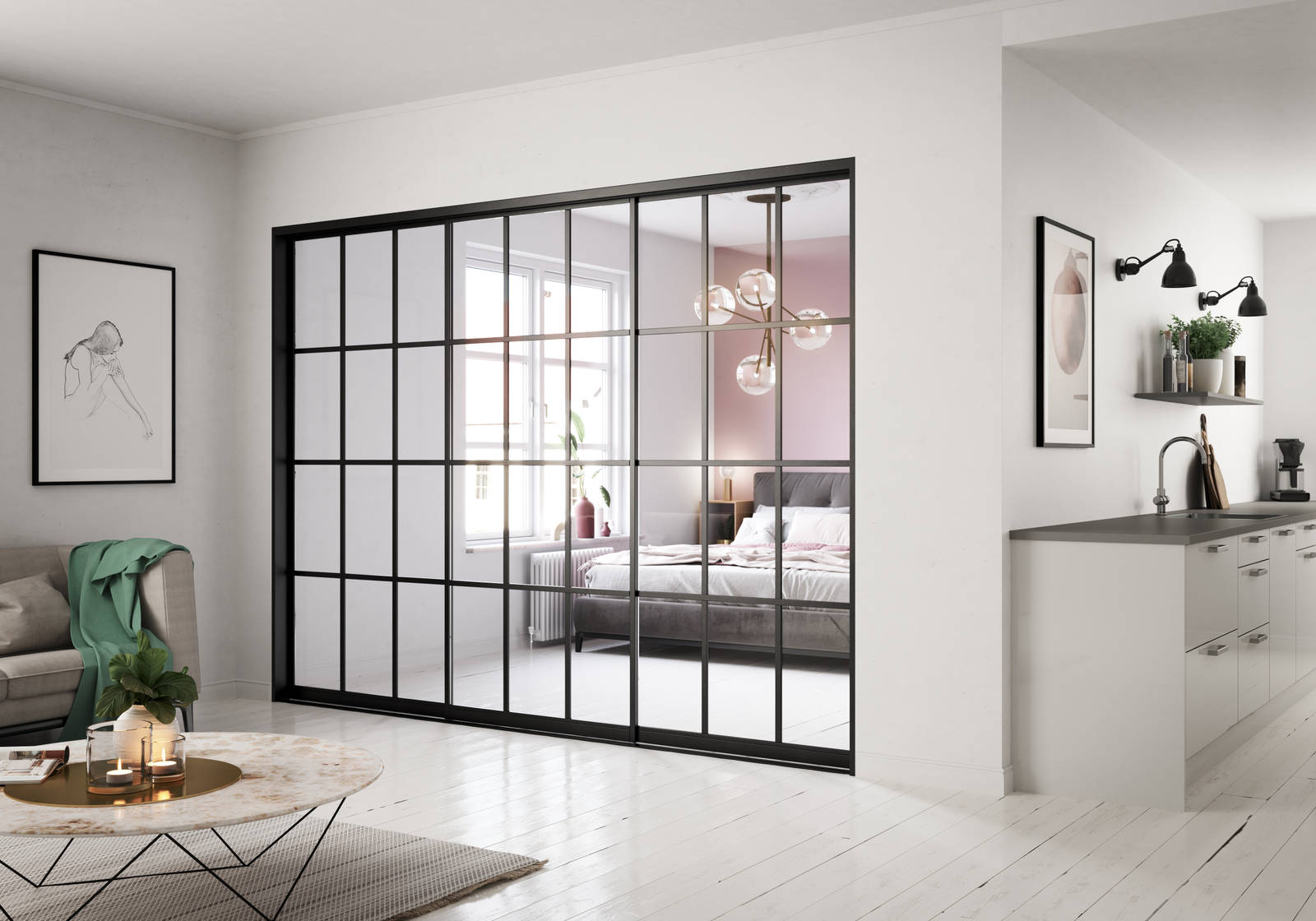 Skyvedører med glass i sort metallramme