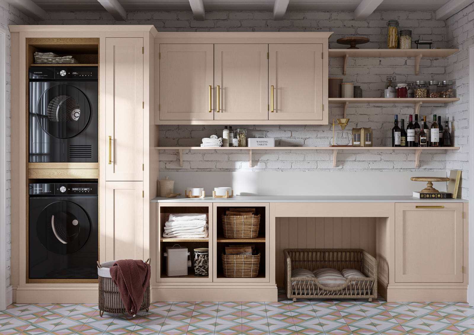 Utility room Wardley Shell cabinetry with washing machine and dryer built-in, a countertop and wall cabinets all matching, a laundry basket on the floor next to washing machine.