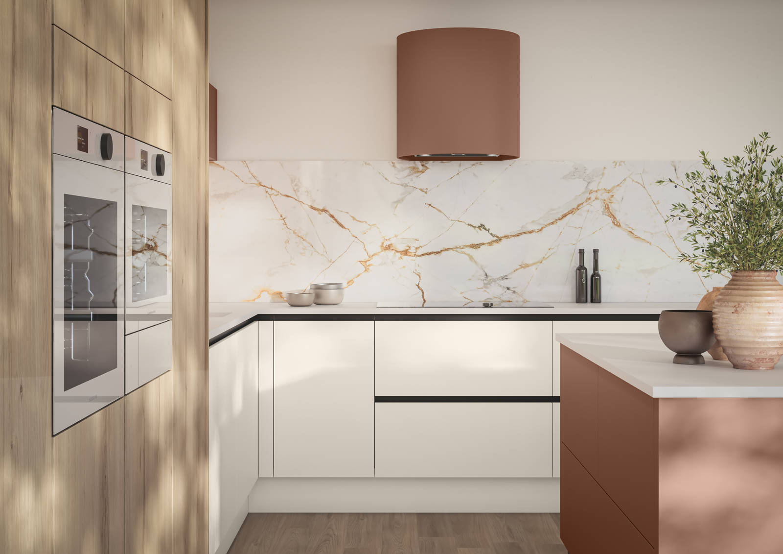 Integra Portobello Bosco as tall cabinets with integrated Samsung Ovens, white handleless Integra Soho cabinetry and a kitchen island in the shade Baked Clay, matching the beautiful fan above hob.