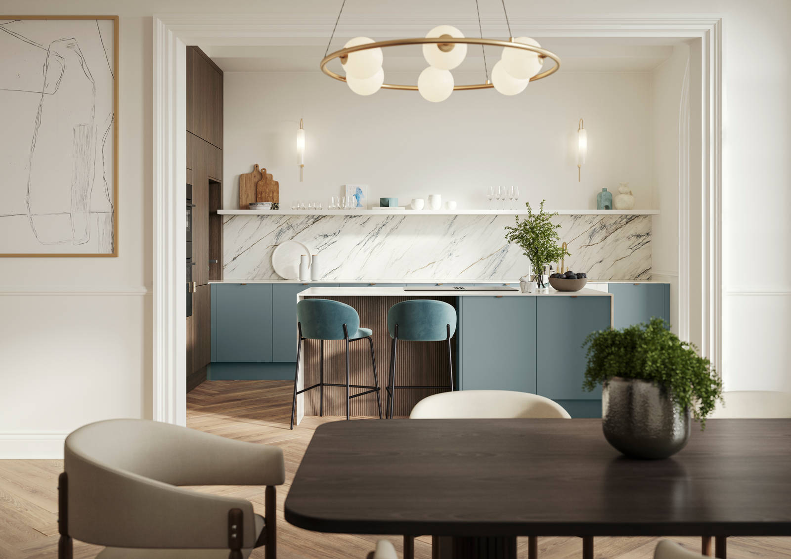 View of kitchen island in Soho Duck Blue kitchen from Magnet combined with Nordic Nature wood and paired beautifully with a marbled splashback.
