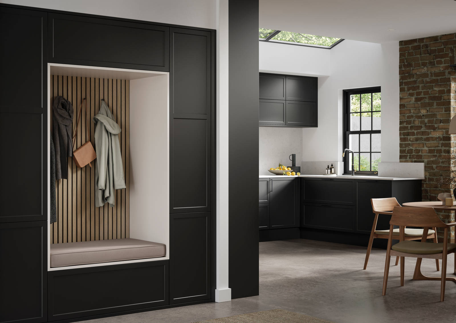 View from living room of closet section with bench, akupanel and coat hooks in modern shaker Brunswick Sumi Black cabinetry to match the kitchen.