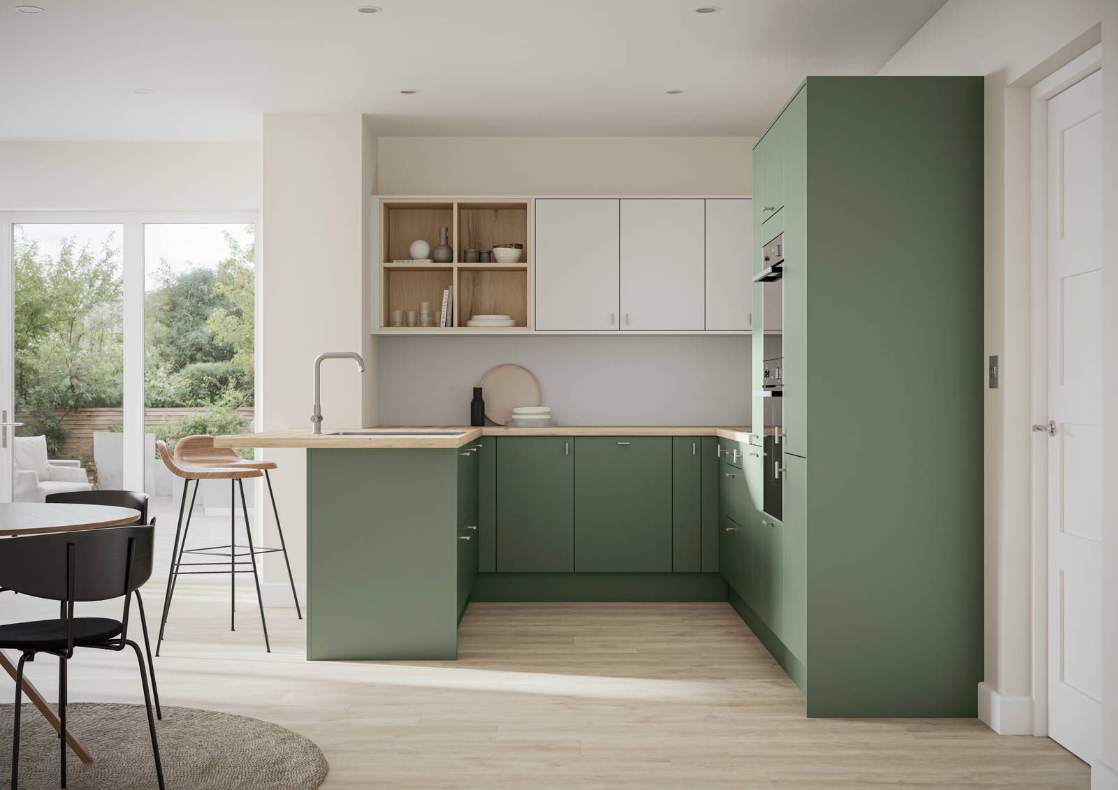 Scandi influenced fresh green Ascoli Woodland and light grey kitchen with timber details such as open shelf top cabinets, oak laminate worktop and oak laminate floor.