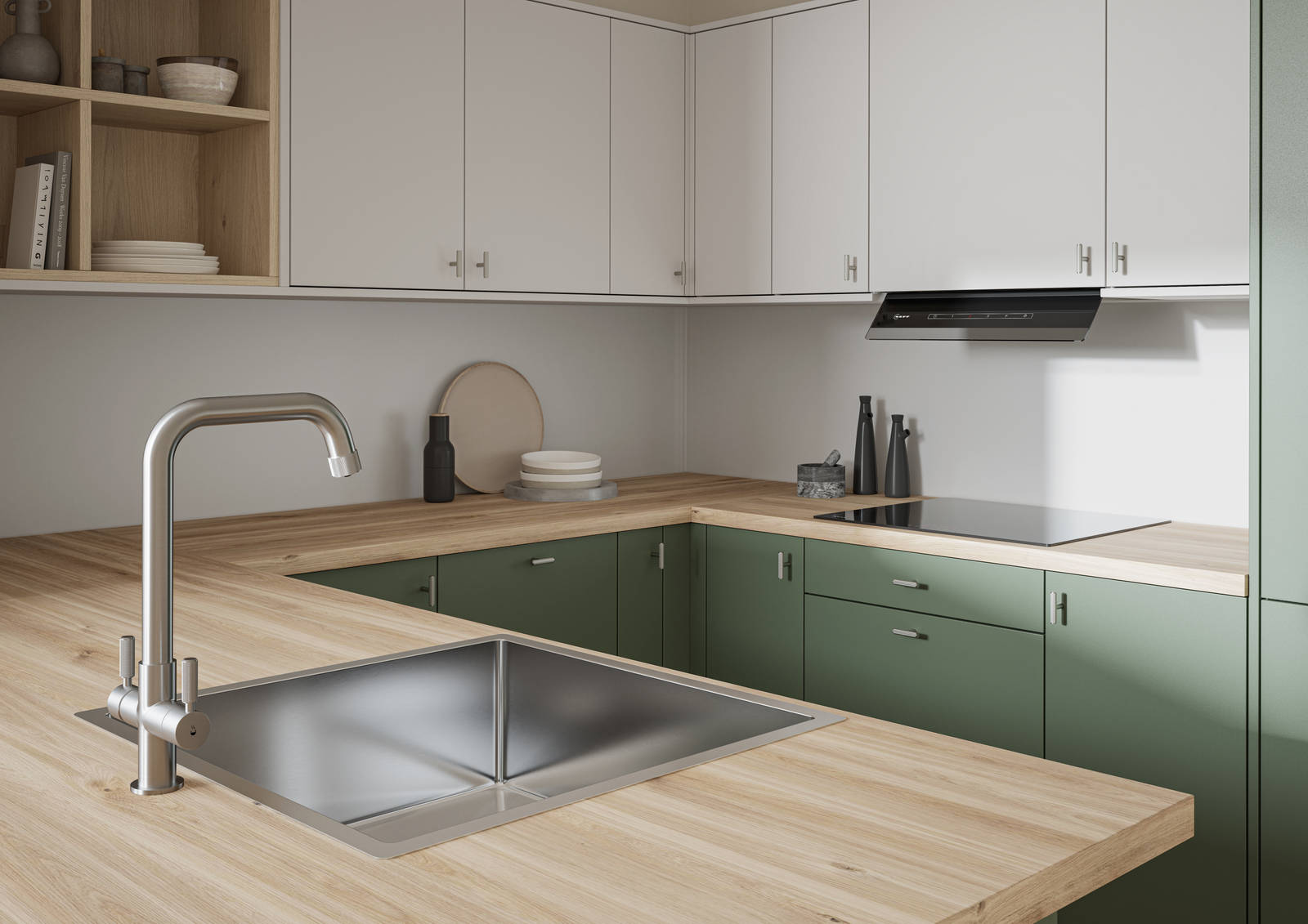 Oak laminate worktop in contemporary scandi influenced Ascoli Woodland and light grey kitchen, with a steel sink and tap and knurled brushed nickel t-bar knobs.