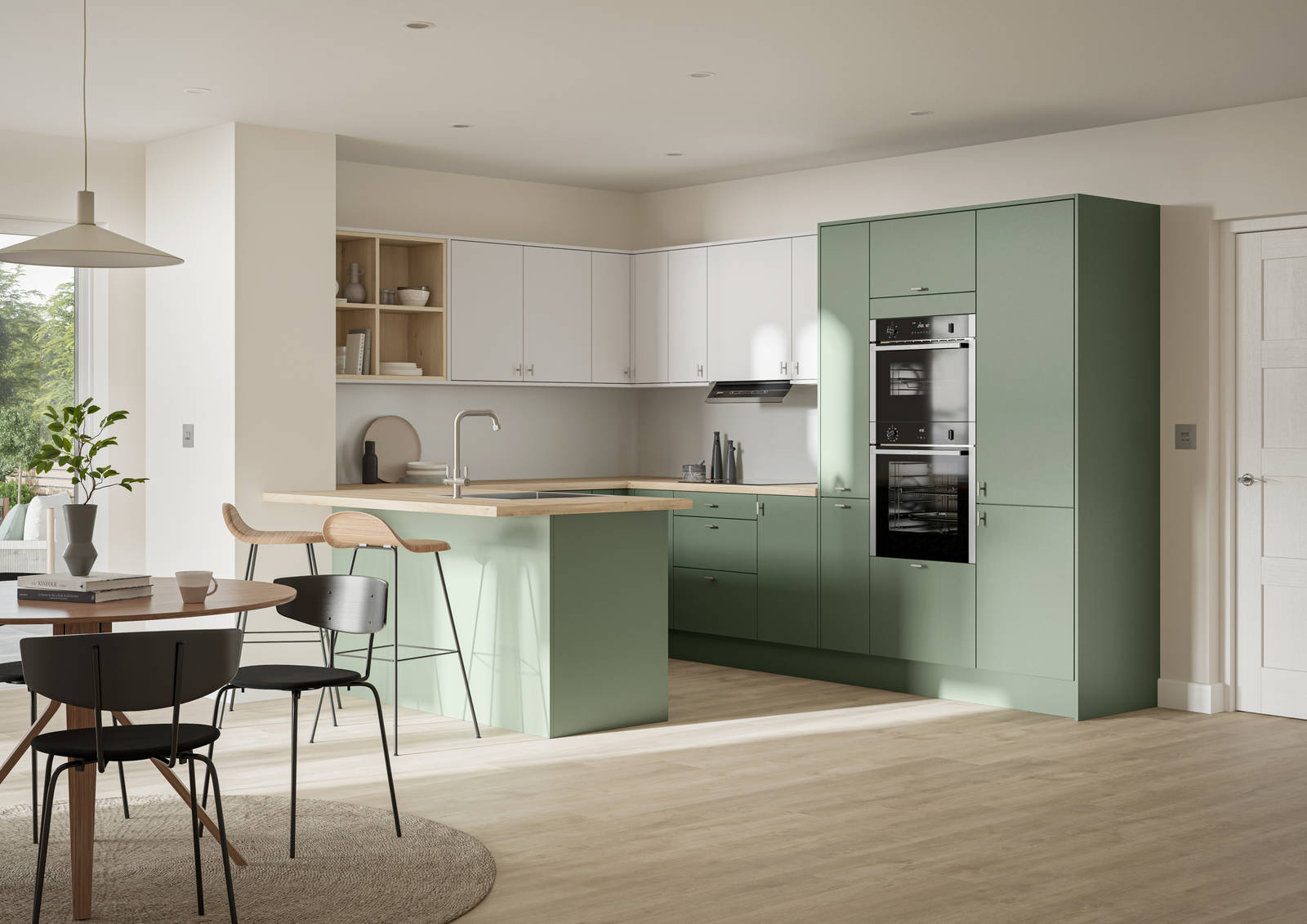 Contemporary scandinavian influenced Ascoli kitchen in fresh shade green Woodland and light grey, wall cabinets with timber accents like open shelves and oak laminate worktop, matched with oak laminate flooring and wood barstools at breakfast bar.