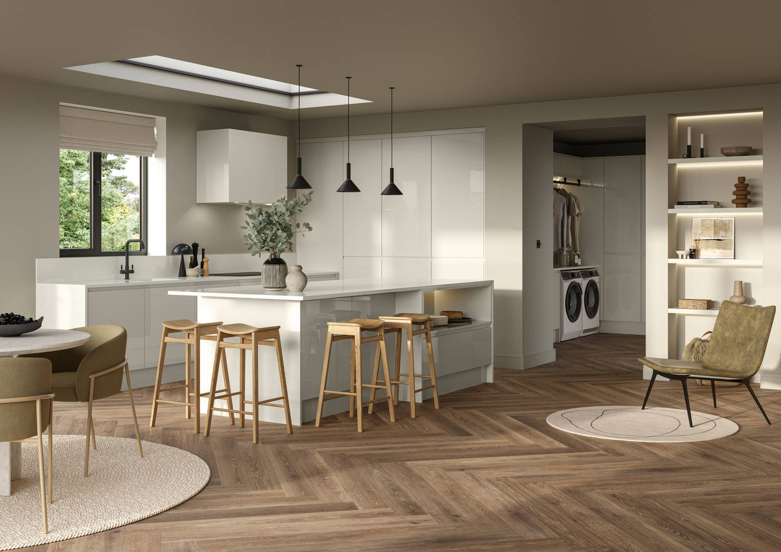 Full room view of open plan contemporary Luna Gloss kitchen with a kitchen island, breakfast bar with wood stools, tall cabinetry, matching open shelves in living room with natural material decorations and Amtico smouldering oak parquet flooring.