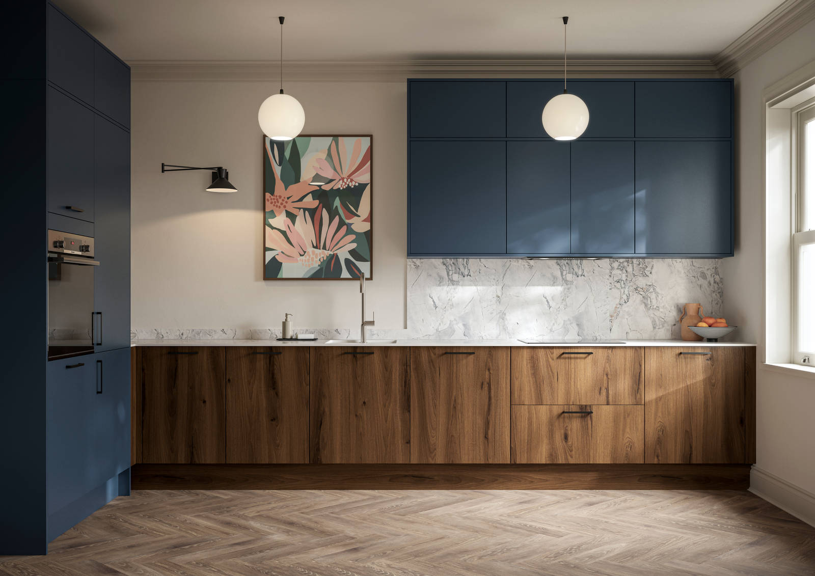 Contemporary Ascoli Mineral Blue tall cabinets and wall cabinets over Portobello Umbra kitchen cabinets with marbled compact laminate worktop, black handles and Amtico smouldered oak herringbone flooring.