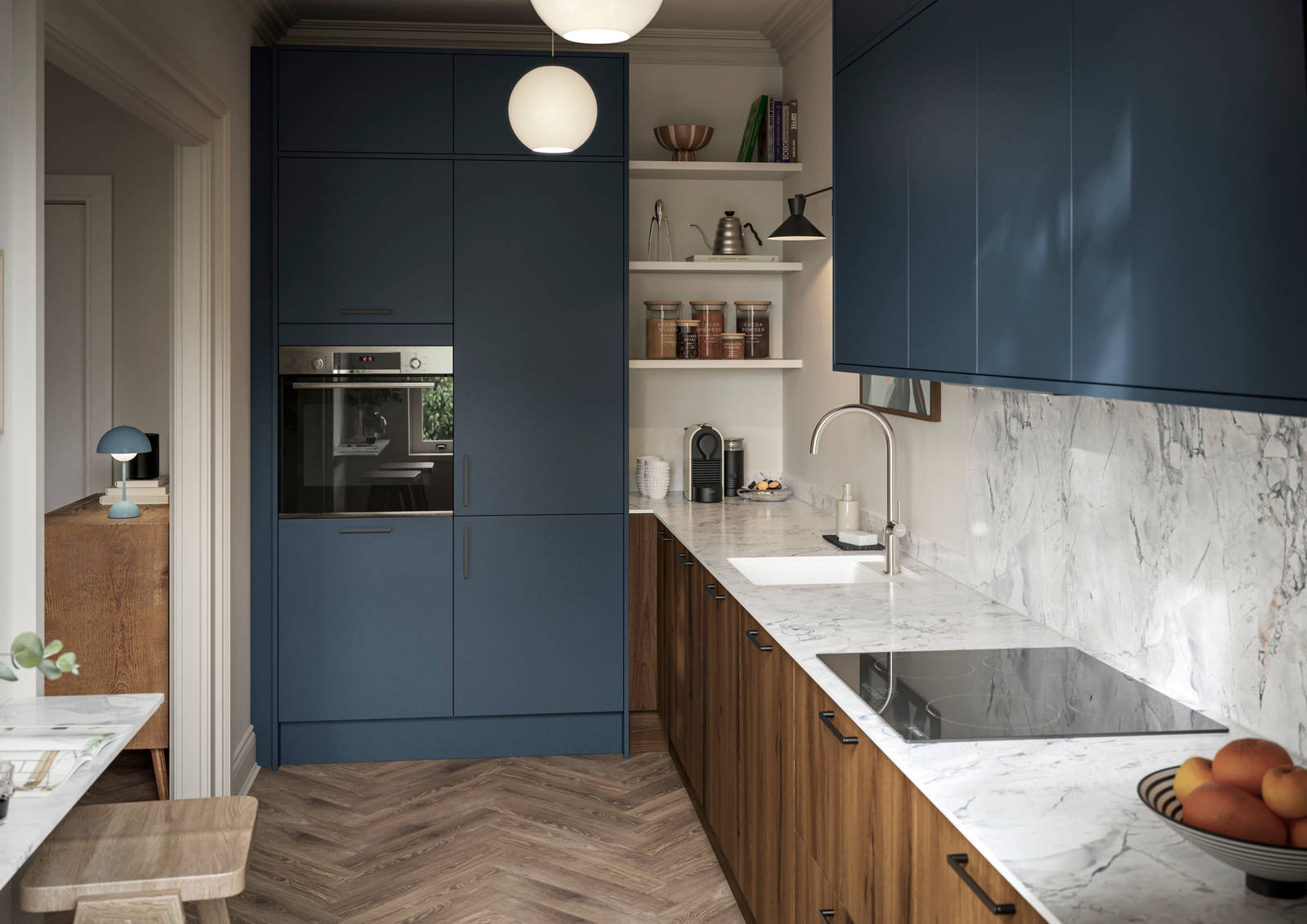 Contemporary Ascoli Mineral Blue tall cabinets and wall cabinets over Portobello Umbra kitchen cabinets with marbled compact laminate worktop, black handles and Amtico smouldered oak herringbone flooring.