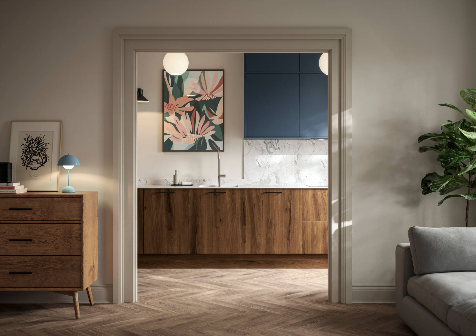 View from living room of Portobello Umbra kitchen cabinets with white compact laminate worktop and splashback, Ascoli Mineral Blue wall cabinets and amtico smouldered oak herringbone flooring.