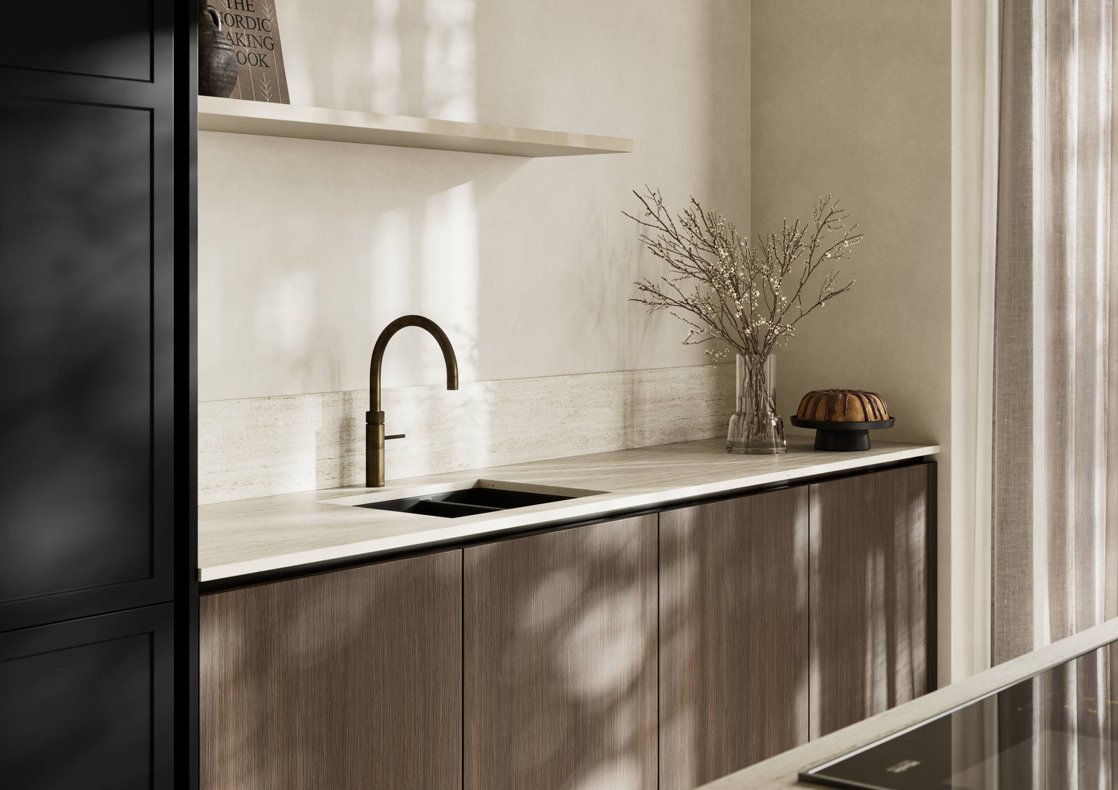 Handleless Integra Brunswick Sumi Black ultra-slim super-matt Shaker design and handleless rail system, with built-in ovens,  Portobello kitchen island and soft white marbled worktop and upstand, brushed brass tap.