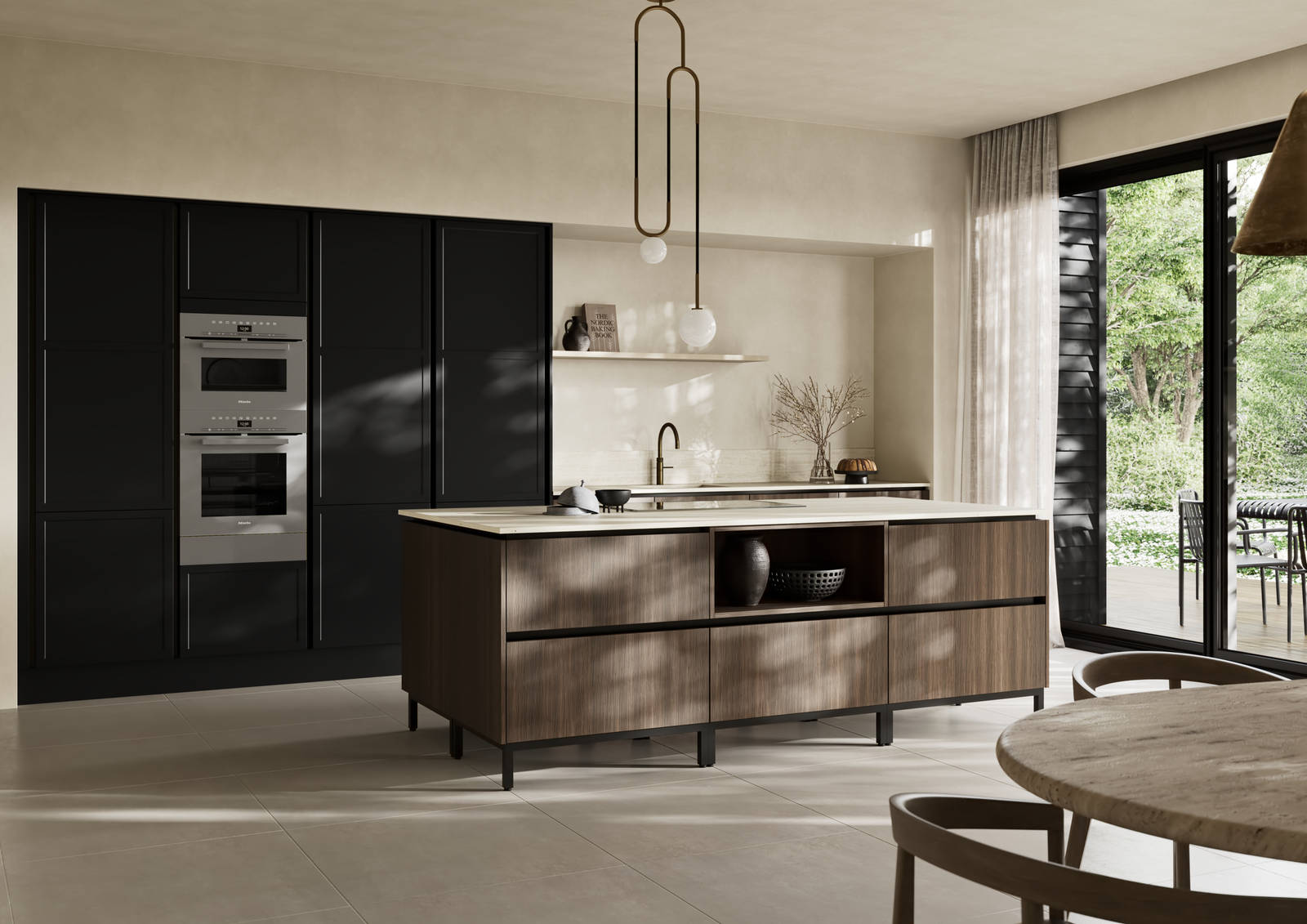 Handleless Integra Brunswick Sumi Black ultra-slim super-matt Shaker design and handleless rail system, with built-in ovens,  Portobello kitchen island and soft white marbled worktop and upstand, brushed brass tap.