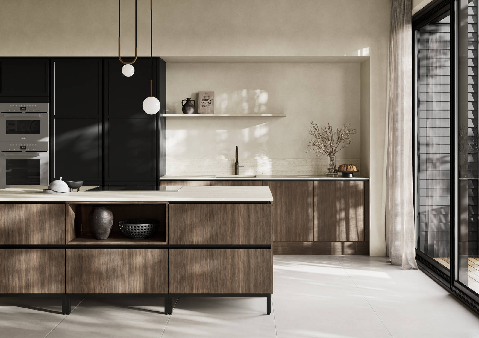 Handleless Integra Brunswick Sumi Black ultra-slim super-matt Shaker design and handleless rail system, with built-in ovens,  Portobello kitchen island and soft white marbled worktop and upstand, brushed brass tap.
