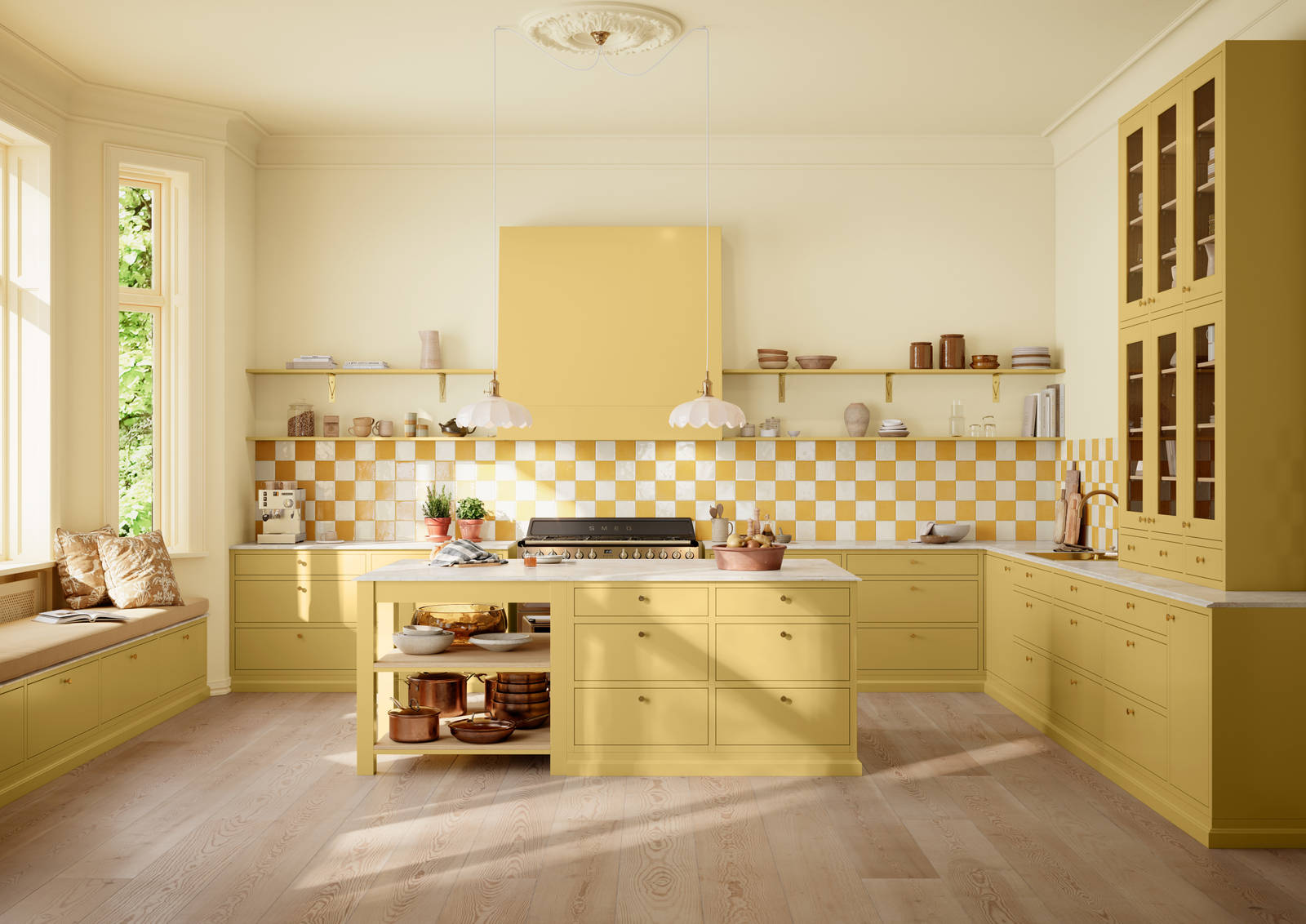 Kjøkken Line Inframe fra Sigdal med kjøkkenøya i farge Biscotti S 2030-Y10R med vitrineskap og Ventilator Diskret Sense fra Røroshette i samme farge, fliser fra Fagflis og grep Dot ubehandlet messing