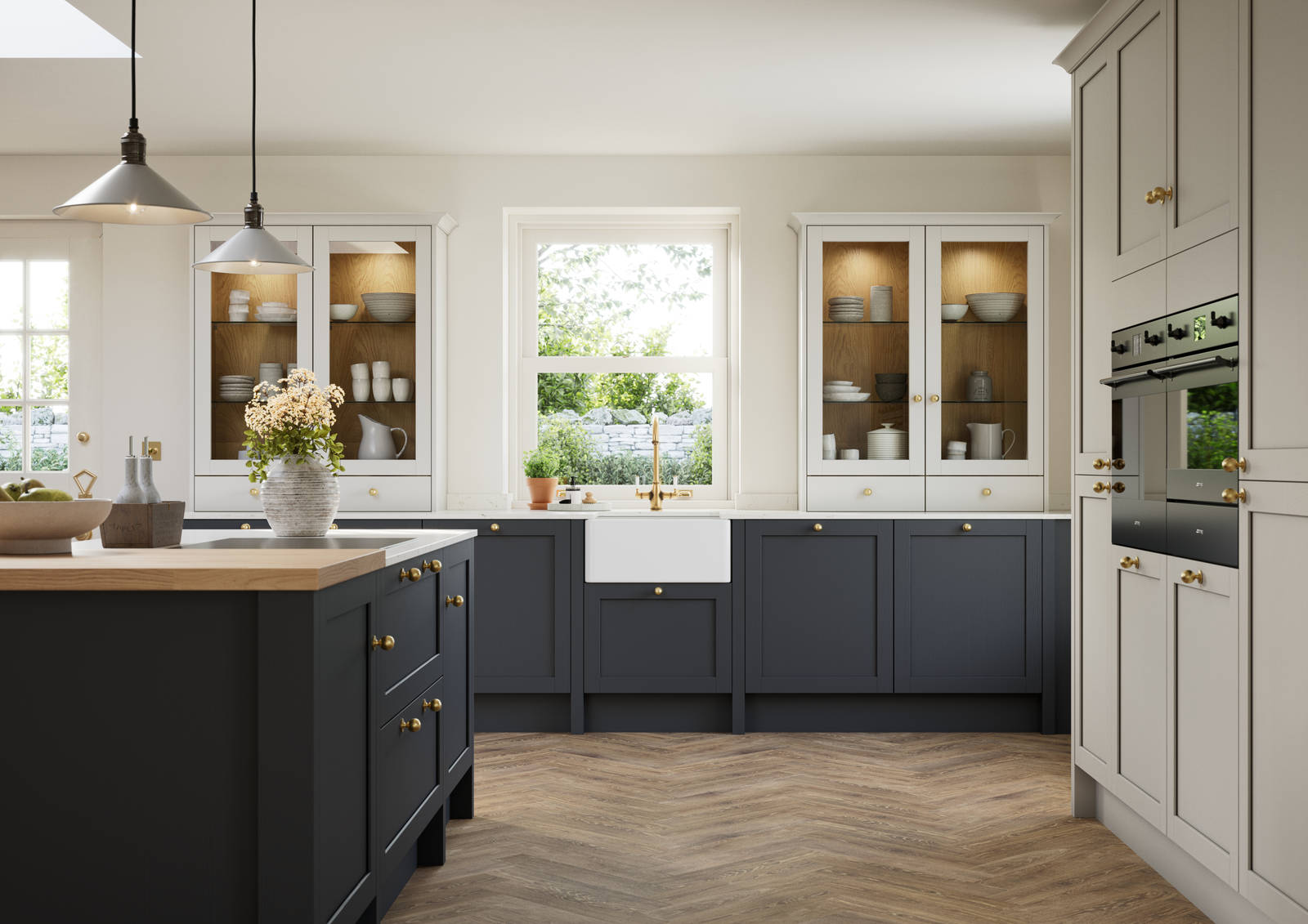 Contemporary Shaker kitchen island Ambleside from Magnet in deep blue shade Lake with beige tall cabinets, herringbone wood flooring and wood diningroom table