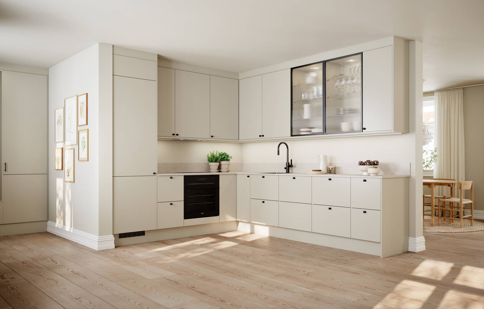 Vidde har et tidløst og minimalistisk design. Modellens enkel og rene formspråk gjør den velegnet for høye skapløsninger som gir god plassutnyttelse.