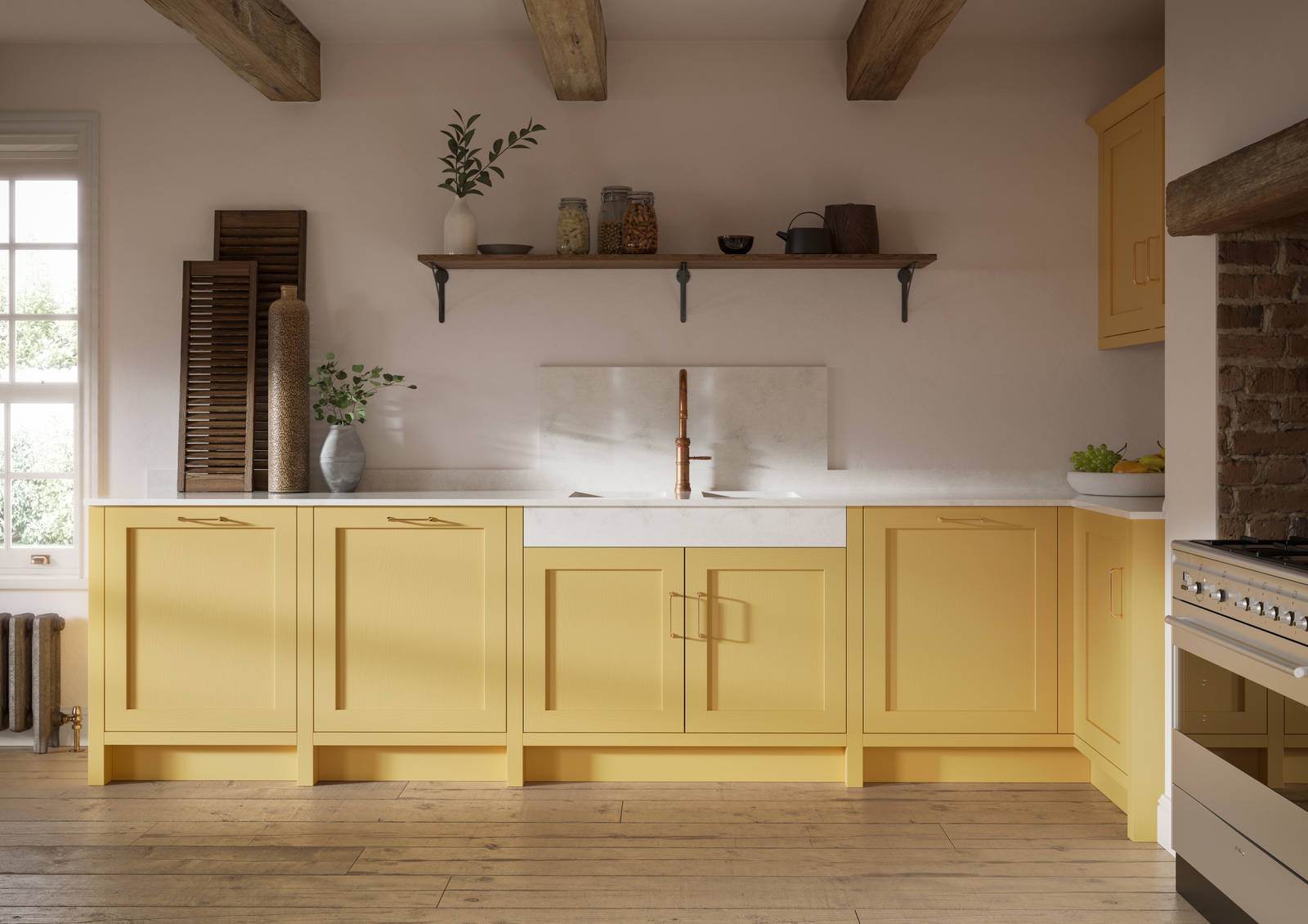 Shaker kitchen in the bright and beautiful yellow shade Harvest, paired with open wooden shelf and a marbled worktop.