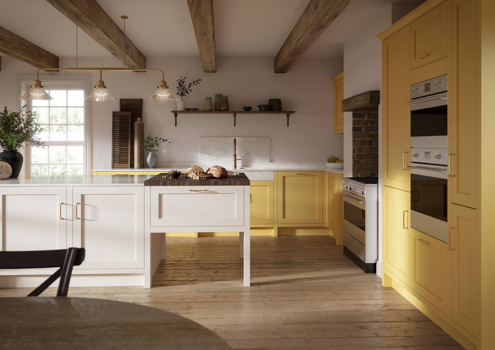 Open floorplan shaker kitchen in the bright and beautiful yellow shade Harvest, paired with a kitchen island with matching frame door cabinets in Limestone.