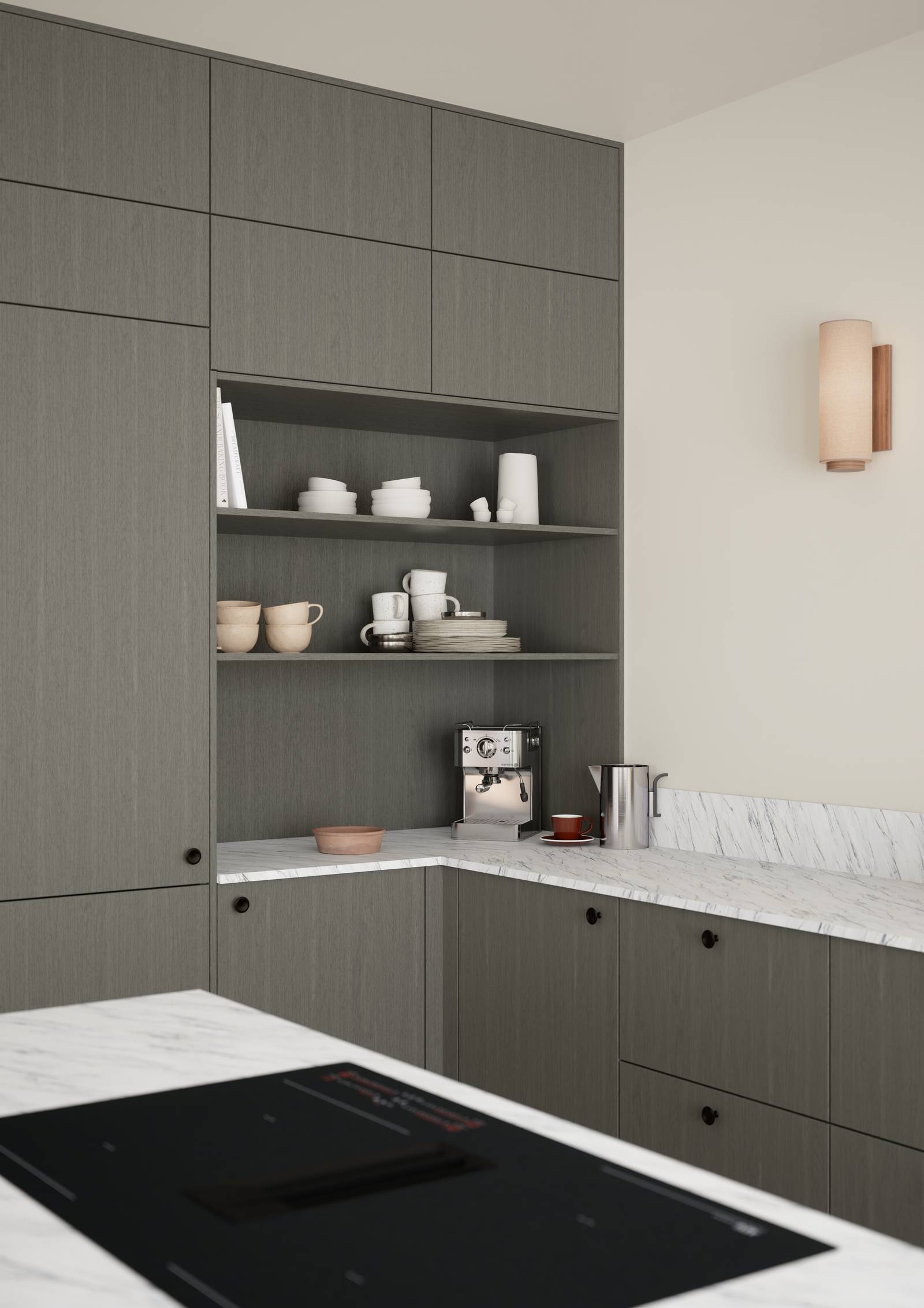 Favn er et kvalitetskjøkken inspirert av naturen. En vakker front i stående finer som gir hele kjøkkenet liv.