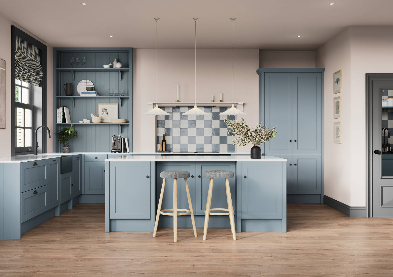 Premium Shaker kitchen Wardley Portland Blue including kitchen island with traditional detailing, black accessories, white worktop and matching blue open shelves with blue panelling and checkered tiling over range cooker.