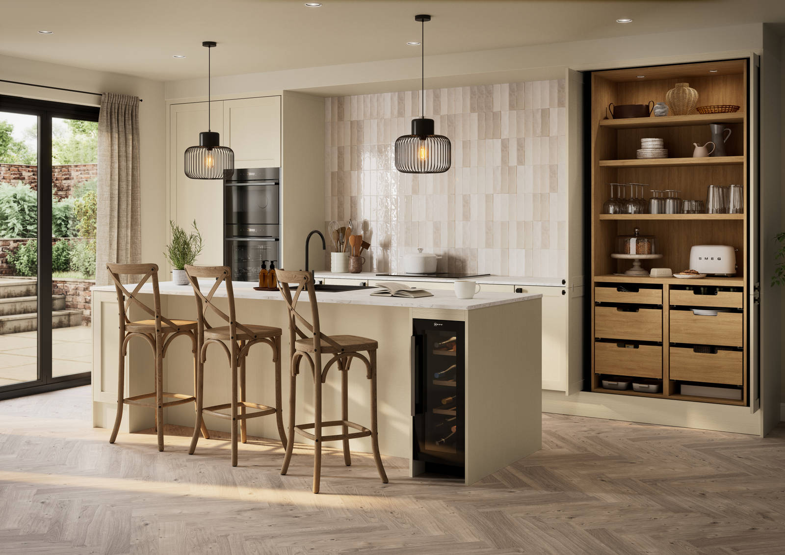 Contemporary Shaker kitchen Ambleside from Magnet in neutral shade Sand with black sink and tap in kitchen island, induction hob with extractor and tall cabinet pocket door larder, wine cooler in kitchen island.
