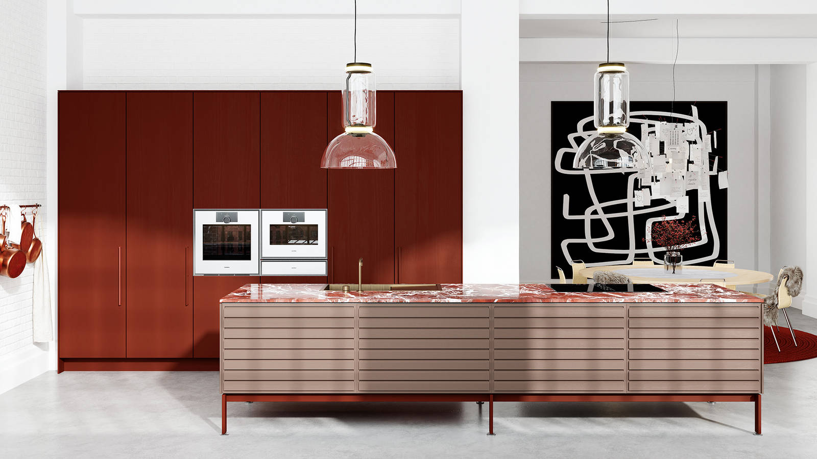 Färger i köket – rosa köksö och vinröd högskåpsvägg