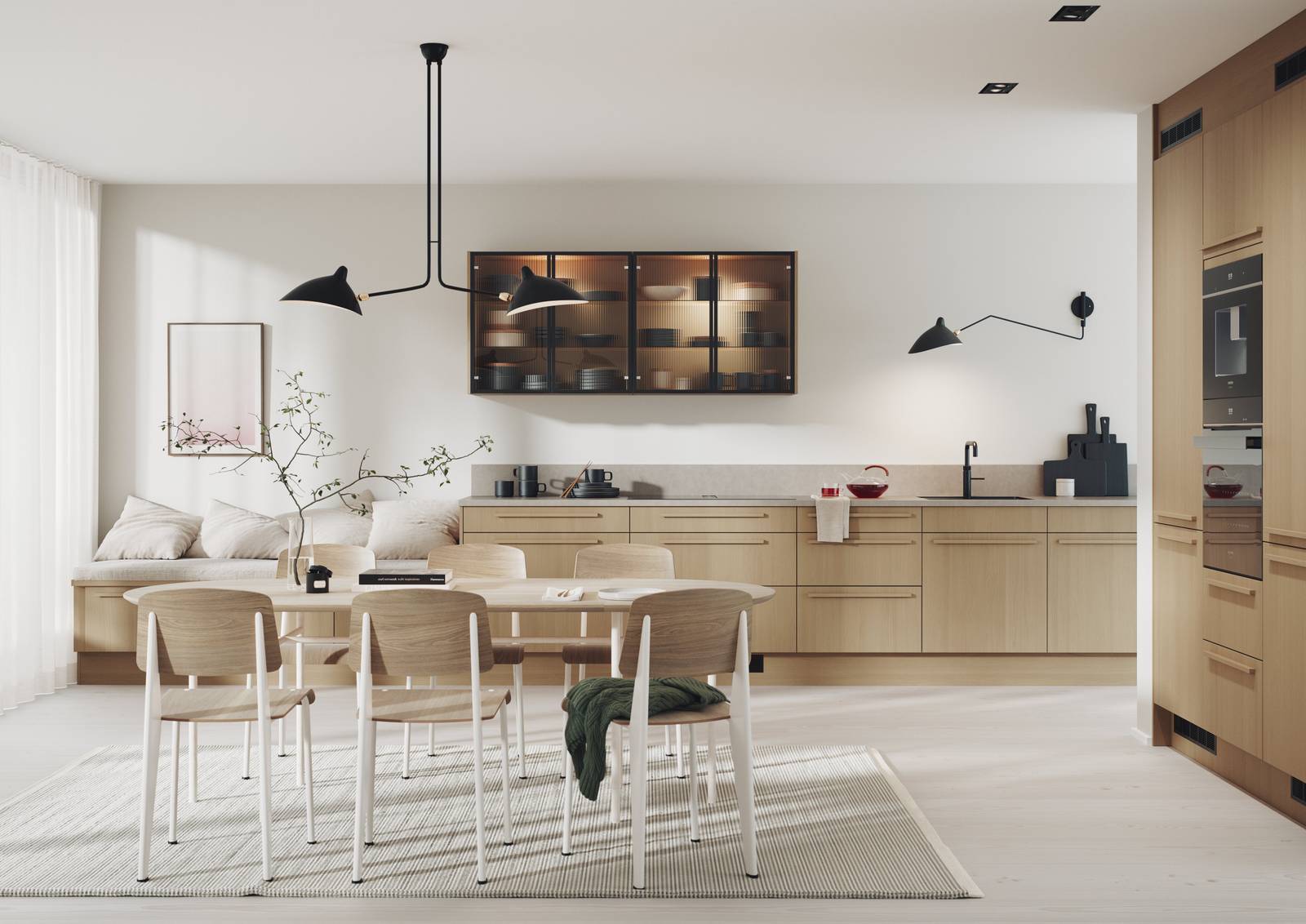 Akse har eikefronter og vitrineskap med bølget glass – som små bølger i vannet.