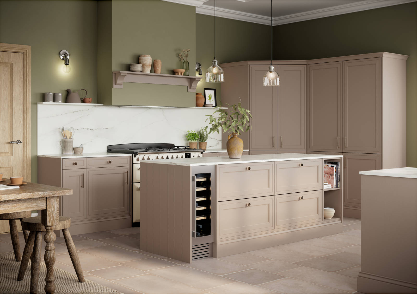 Shaker style painted wood grain Bewdley kitchen in neutral shade Cornish Clay, tall cabinets and kitchen island with marbled worktop and matching backsplash, wine cooler in the kitchen island and gas range cooker.
