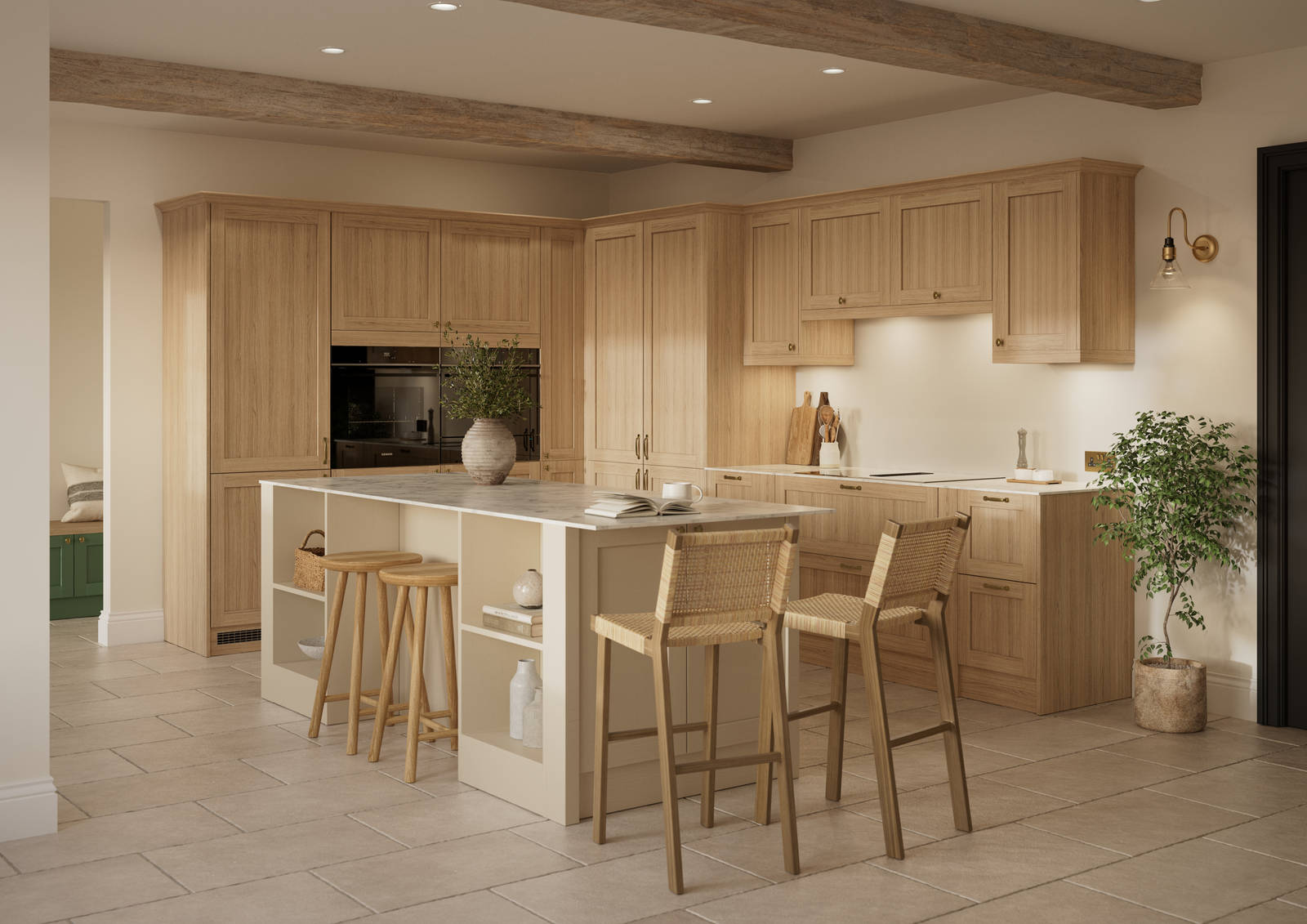 Traditional premium contemporary Shaker kitchen Ambleside in oak with brass knobs and handles, tall and wall-mounted cabinets and kitchen island with seating area and open shelves.